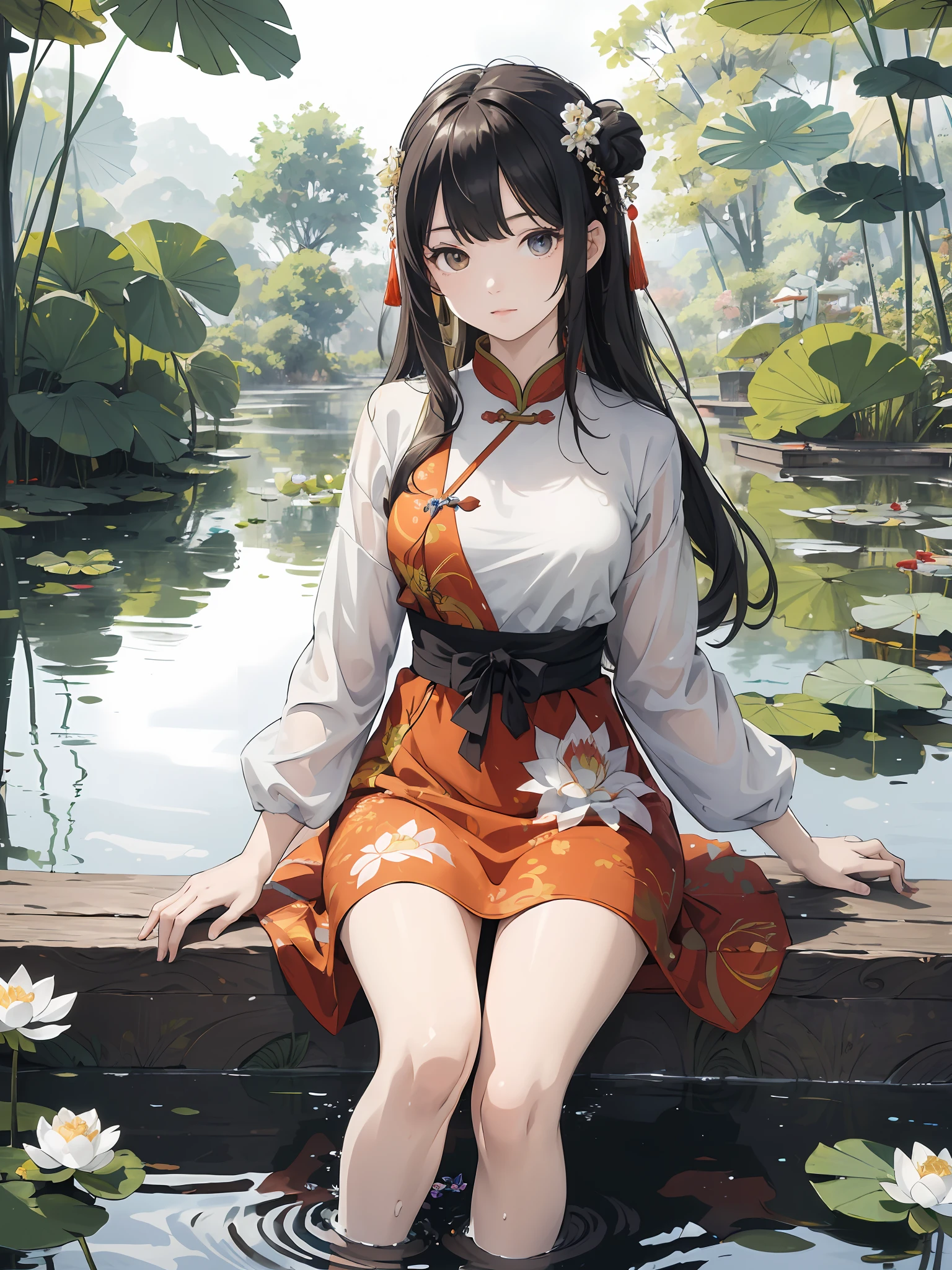 absurdres, highres, ultra detailed, (1girl:1.3), hand drawn, simple line, girl in colorful Chinese dress, beautiful girl, at the lotus pond, masterpiece, sitting in water, floating clothes, floating hair