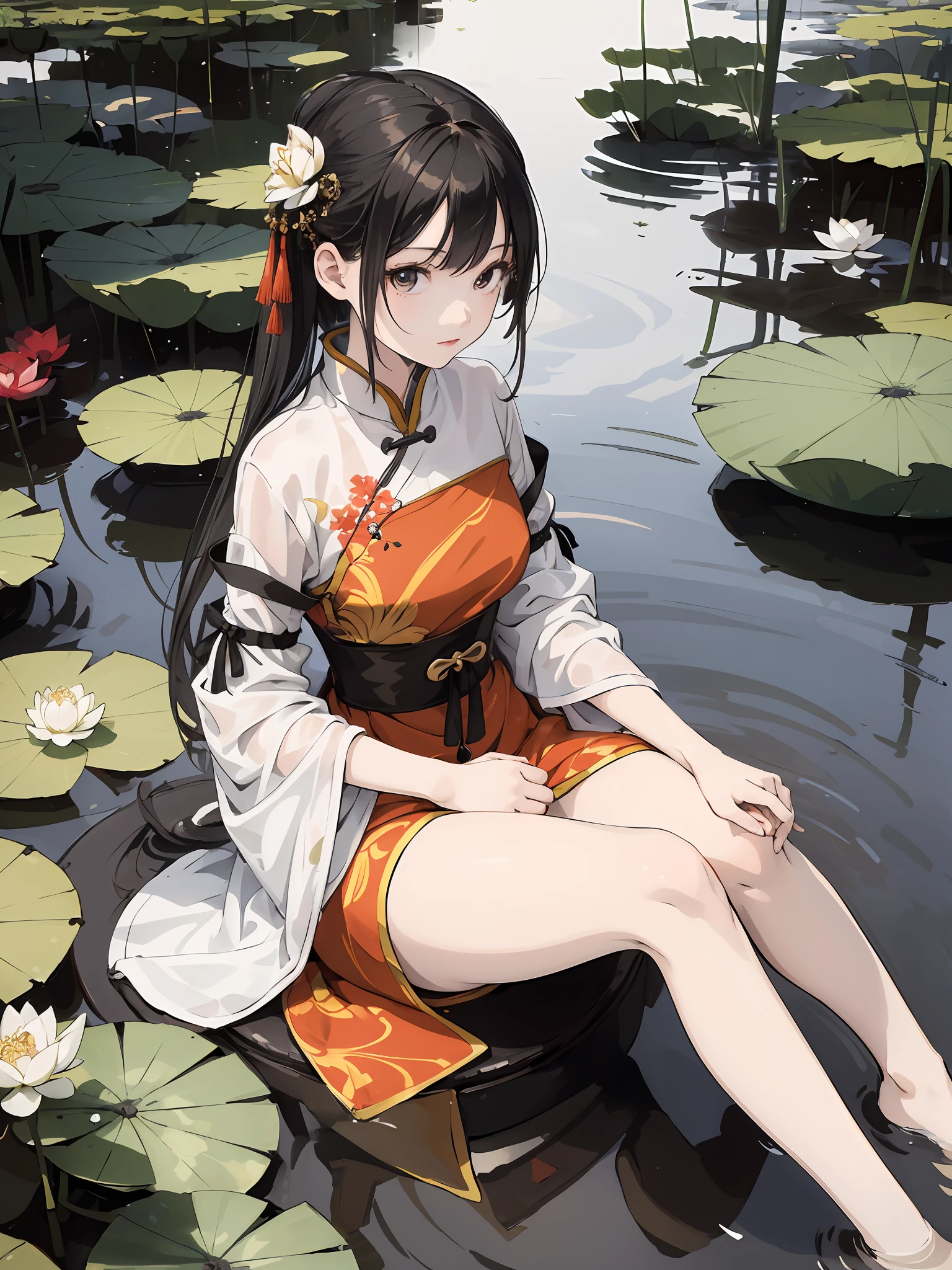 absurdres, highres, ultra detailed, (1girl:1.3), hand drawn, simple line, girl in colorful Chinese dress, beautiful girl, at the lotus pond, masterpiece, sitting in water, floating clothes, floating hair