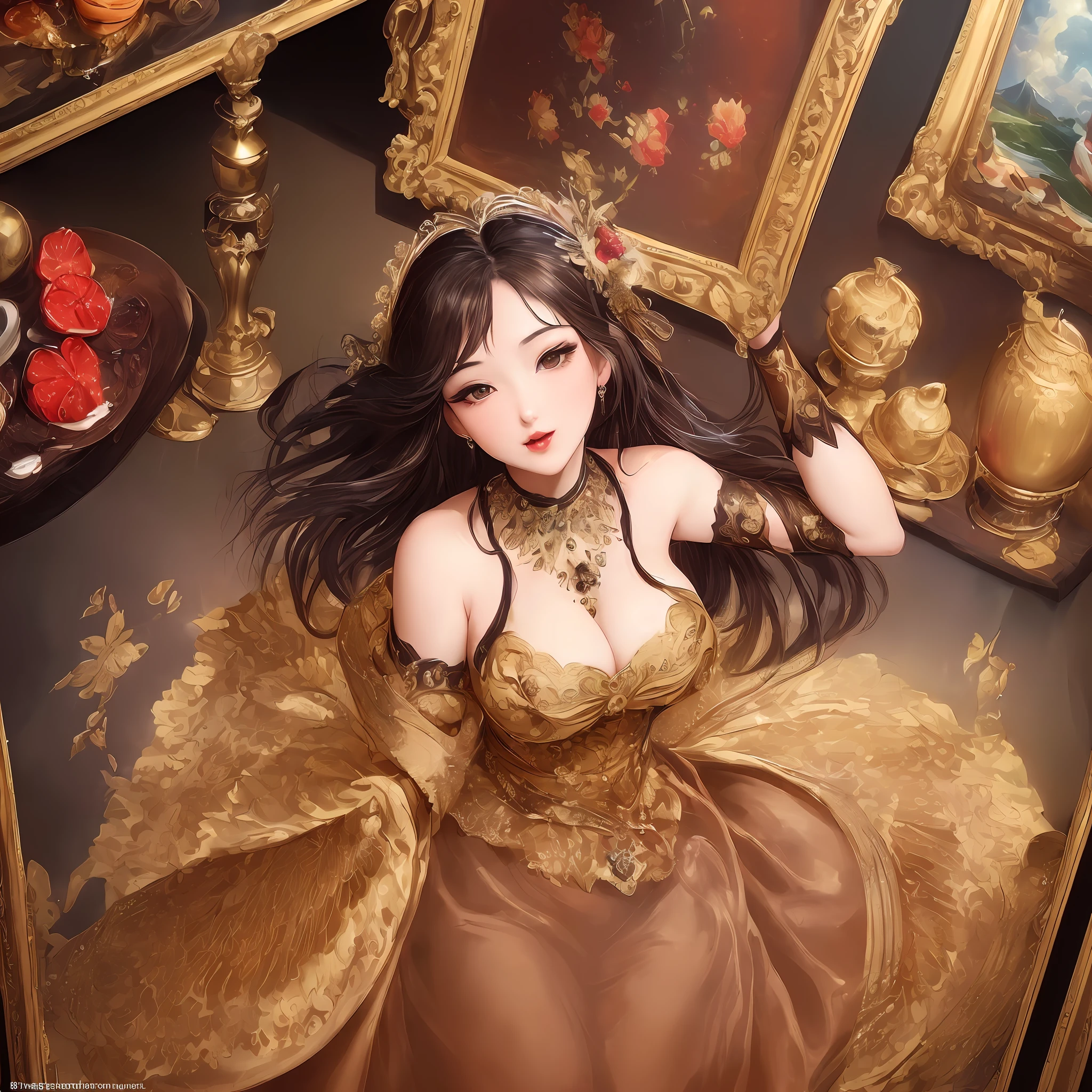 ((((masterpiece))), art masterpiece, highest quality, rich color, bust full and coquettish, high definition, exquisite details, long lens, dynamic angle, dynamic pose, character image (1girl), sexy, extra large breasts, hands on the waist, sexy clothing, scattered on the shoulders, like temptation, rich in detail depiction, this painting is intoxicating, come and taste!