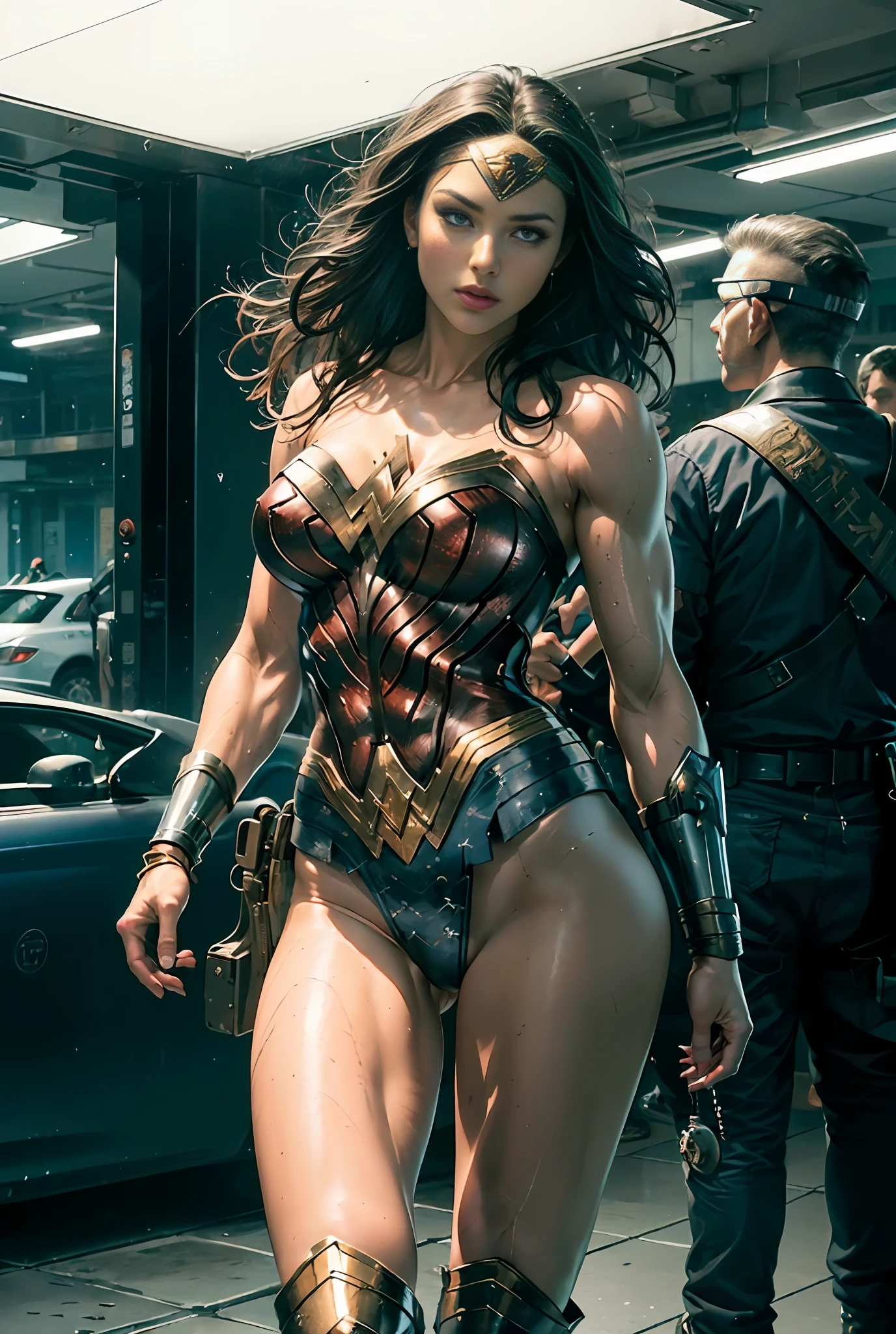 (Masterpiece, Top Quality),1girl ,{{Depth of field}}, Hyper detail, 1woman, (Victoria's Secret Model Wonder Woman), Single, Full Body, (Intricate Details, Makeup), (Delicate and beautiful delicate face, delicate and beautiful delicate eyes, face with perfect proportions), High-detail skin, delicate skin, Best proportions Four fingers and one thumb, strong and realistic blue eyes, realistic black hair, lips, makeup, natural skin texture, tiara, leotard, bulletproof cuffs, red boots,  (public clothing:1.3), slightly sunburned, mature, sexy, elastic muscles, (muscles:1.3), ((strong and healthy body)), (((((more) muscles))), wet body, wet hair, long legs, curved, thick thighs, wide buttocks, thin legs, (big breasts: 1.2), thin waist, soft waist, (delicate skin), (wet body: 1.0), (beautiful and sexy woman), (swollen lips: 0.9), (eyelashes: 1.2), very delicate muscle definition, LED panel lights arranged in a square shape to mimic existing indoor fixtures,  A modern urban ghetto controlled by local gangs armed with hacked police weapons such as EMP blasters and taser shotguns, ((top quality)), ((masterpiece)), ((realistic)), (detailed), cinematic lighting, complex, high detail, sharp focus,