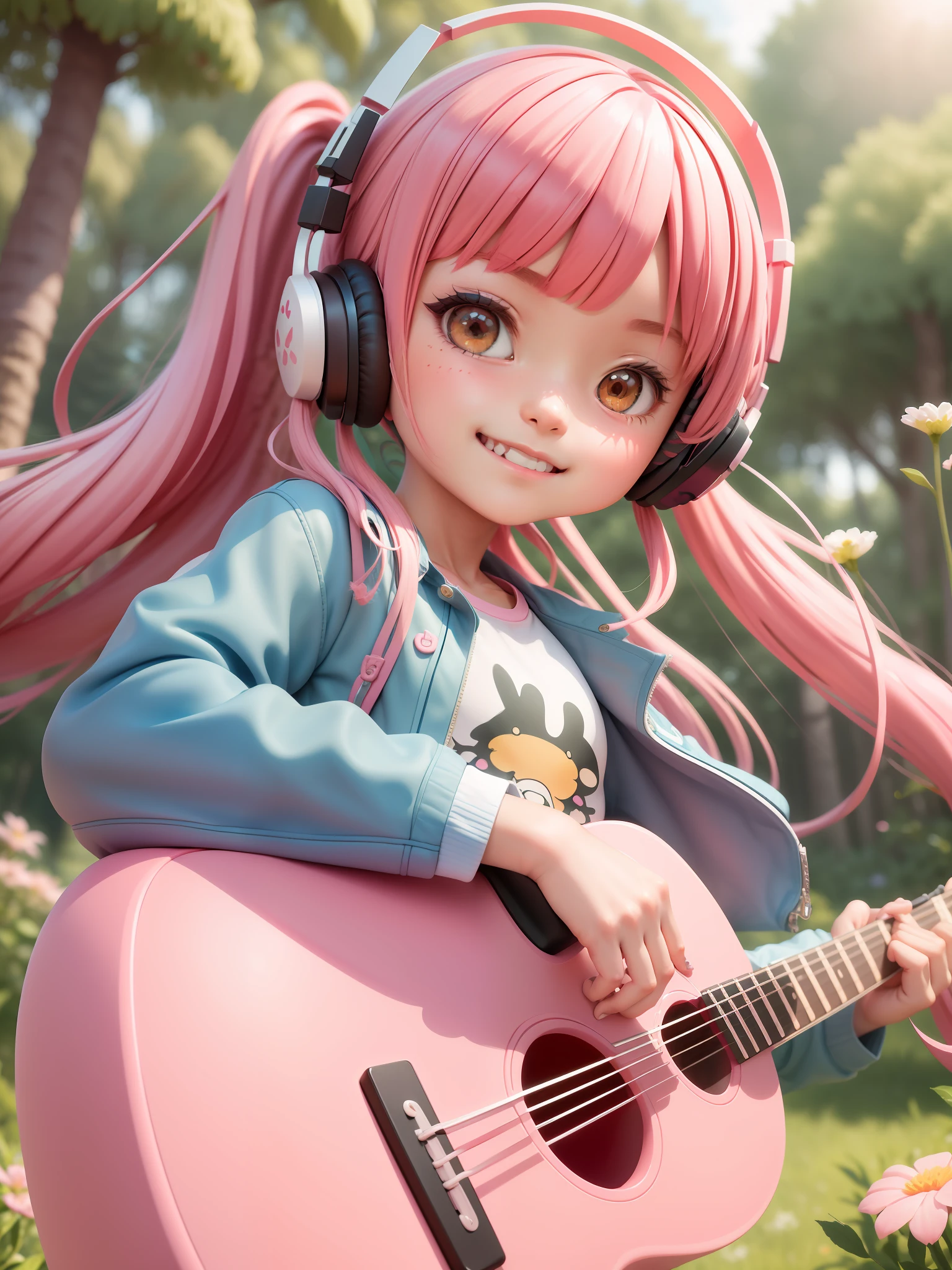anime style by Hayao Miyazaki and Makoto Shinkai, ultra detailed 1 very cute tomboy chibi girl smiling with bright eyes with pink hair and blushed, flower, outdoors, playing guitar, music, holding guitar, leather jacket, :3, shirt, long pinkhair in one side ponytail, pine trees, pink hair, blushed, long sleeves, bangs, headphones, flowers, beautiful detailed face, high resolution, 32k resolution, best quality