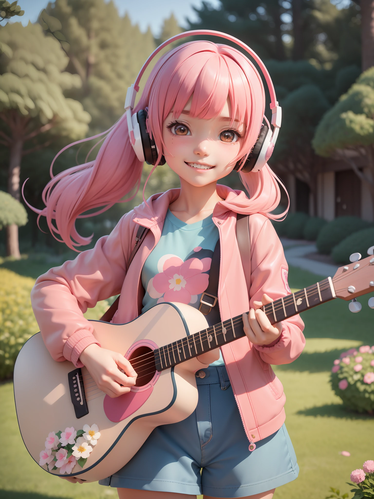 anime style by Hayao Miyazaki and Makoto Shinkai, ultra detailed 1 very cute tomboy chibi girl smiling with bright eyes with pink hair and blushed, flower, outdoors, playing guitar, music, holding guitar, leather jacket, :3, shirt, long pinkhair in one side ponytail, pine trees, pink hair, blushed, long sleeves, bangs, headphones, flowers, beautiful detailed face, high resolution, 32k resolution, best quality