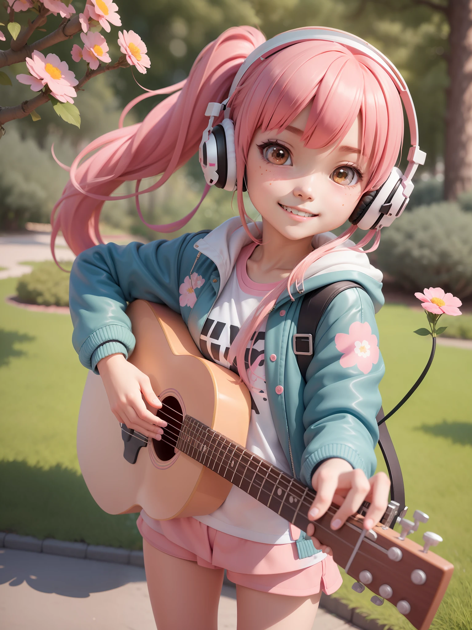 anime style by Hayao Miyazaki and Makoto Shinkai, ultra detailed 1 very cute tomboy chibi girl smiling with bright eyes with pink hair and blushed, flower, outdoors, playing guitar, music, holding guitar, leather jacket, :3, shirt, long pinkhair in one side ponytail, pine trees, pink hair, blushed, long sleeves, bangs, headphones, flowers, beautiful detailed face, high resolution, 32k resolution, best quality