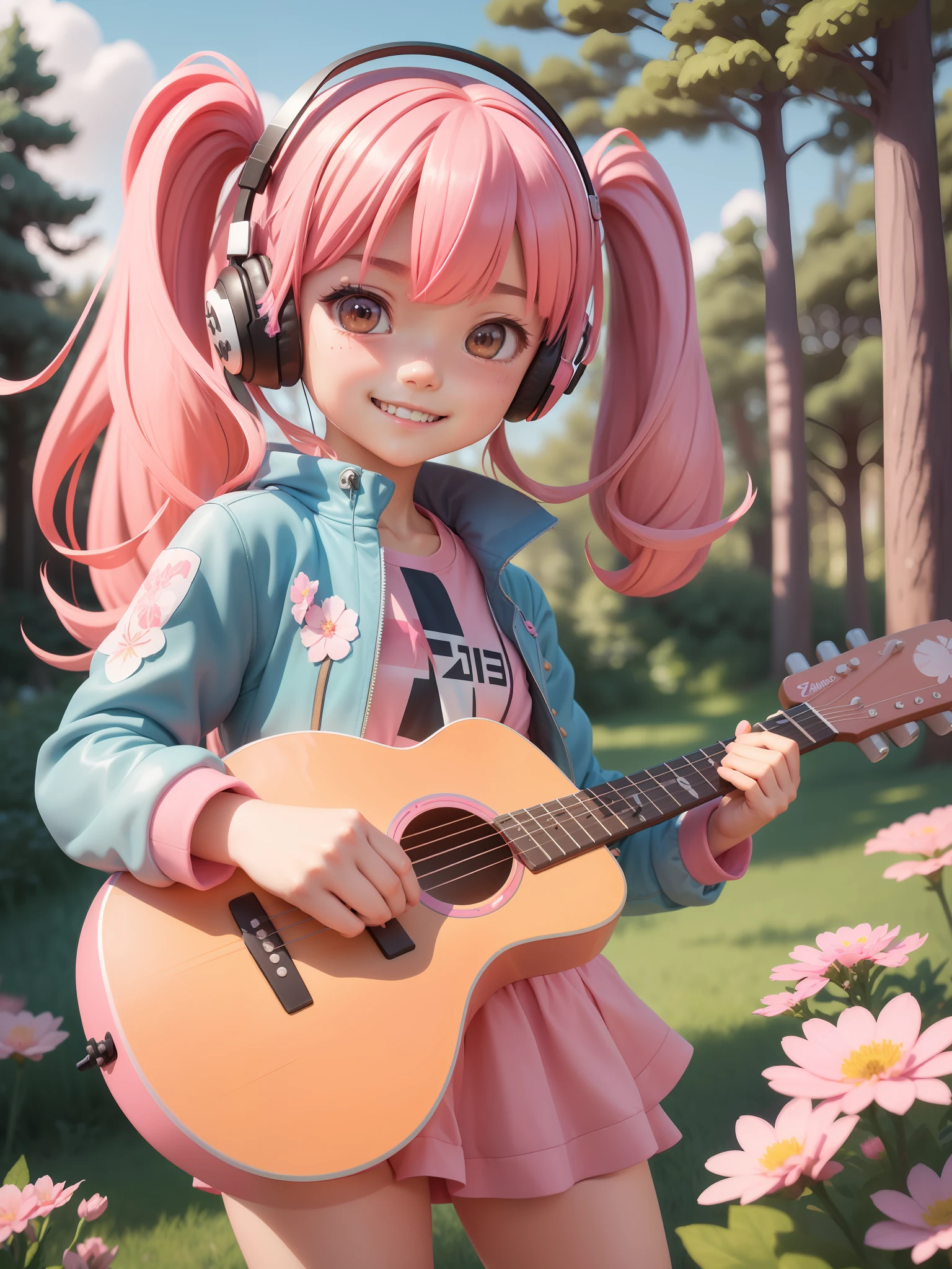 anime style by Hayao Miyazaki and Makoto Shinkai, ultra detailed 1 very cute tomboy chibi girl smiling with bright eyes with pink hair and blushed, flower, outdoors, playing guitar, music, holding guitar, leather jacket, :3, shirt, long pinkhair in one side ponytail, pine trees, pink hair, blushed, long sleeves, bangs, headphones, flowers, beautiful detailed face, high resolution, 32k resolution, best quality