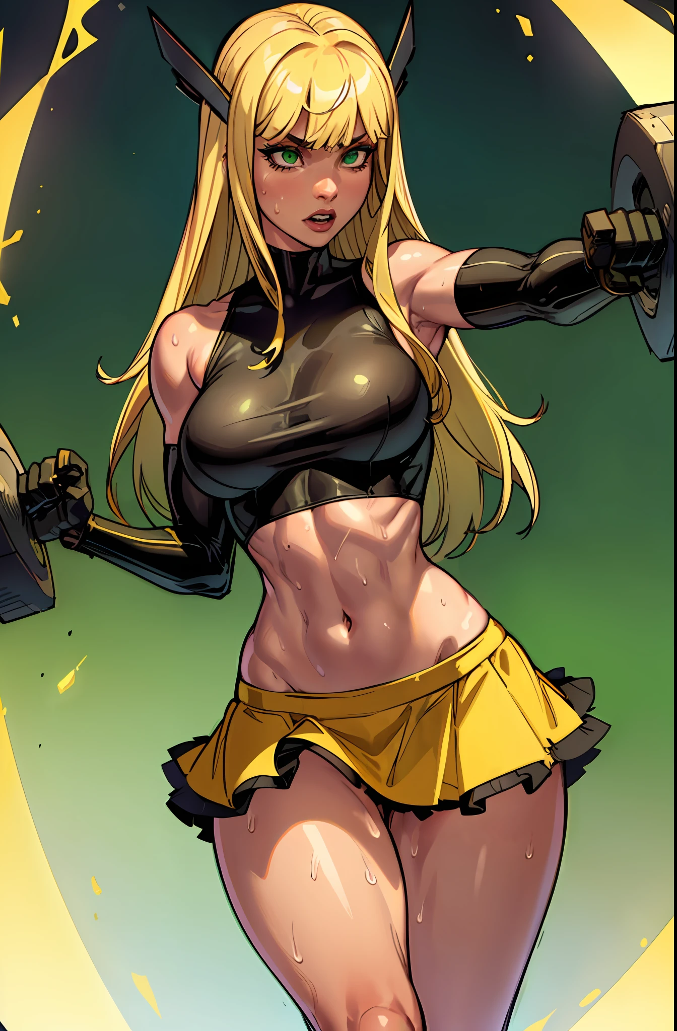 1girl (magik), absurd, close up, masterpiece, green eyes, long blonde hair with bangs, breasts, strong toned body, yellow and black bikini showing shoulders, highres, (skirt), looking at the viewer, solo, medium breasts, dark background, (thighs), working out, high tech gym, sweat