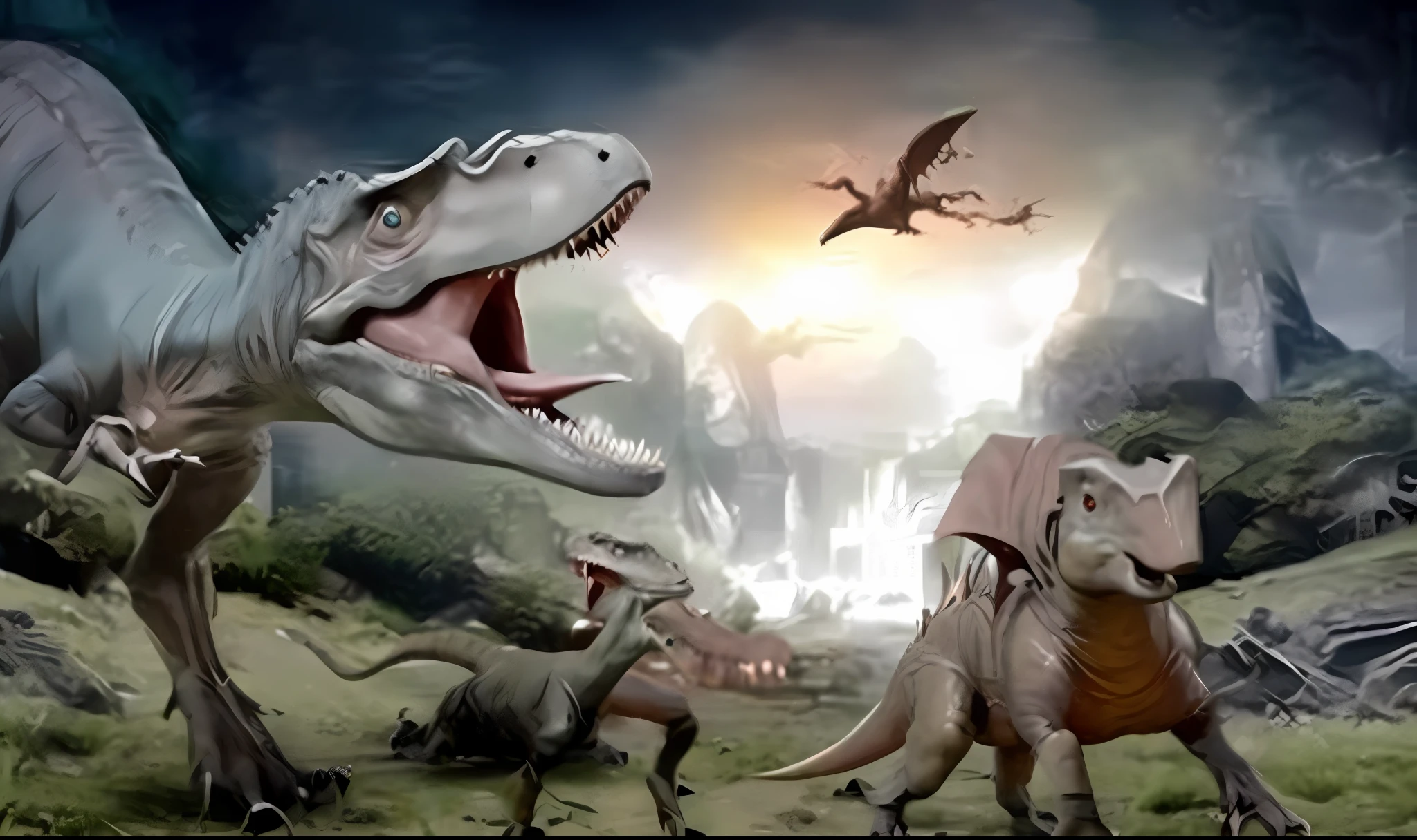 Jurassic, Dinosaurs, Jurassic Park, Prehistoric Fantasy, Prehistory, Ultra Realistic, Amazing Photos, ( 8k, RAW Photos, Best Quality, Masterpiece: 1.2), Ultra High Resolution, Photorealistic Photorealism: 1.4), Cinematic Light, (Soft Volume Lighting: 1.2), (Realism, Photorealistic Realism: 1.37), Detailed Skin, Professional Lighting, Photography, Clear Focus, Detailed, Professional Lighting, Photon Mapping, Detailed and Complex Environment, Highly Detailed, Best Quality, 8K Art photography, realistic concept art, soft natural volume cinematic perfect light