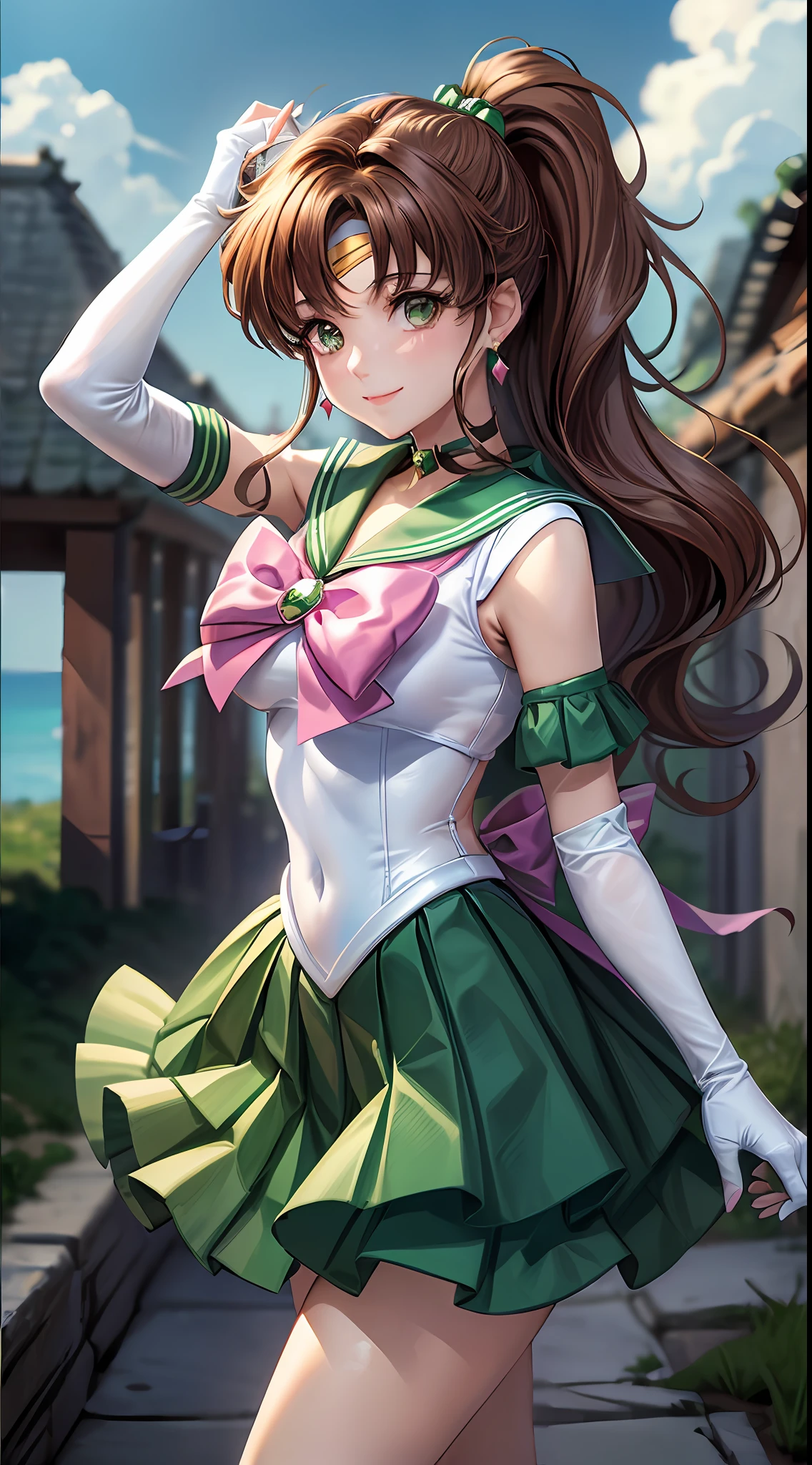 Masterpiece, Best Quality, High Resolution, 1girl, Solo, Sailor Jupiter, (Hair Fluttering), (Single Ponytail)), Elbow Gloves, Headgear, Green Pleated Skirt, Pink Bow, (Green Sailor Collar), Brown Hair, White Glove, Jewelry, Earrings, Smile, Background Meadow, Blue Sky and White Clouds, Sea, Front, Full Body