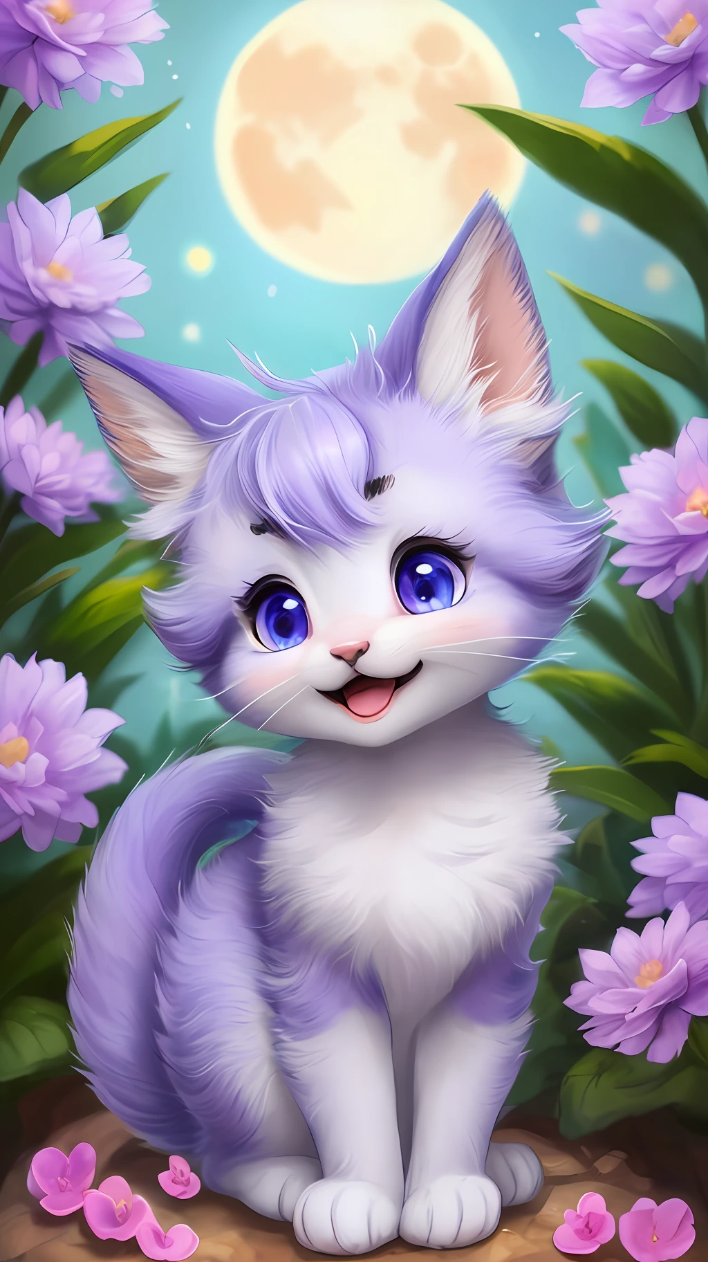 A kitten with a small tail, a small nose, small ears, blue eyes, purple background, flowers, vases, dreams, open mouth, smile, Caroline Chariot-Dayez pastels, tumblr, furry art, elokitty, Disney's Bambi, Disney's styled furry, ears floating, fluffy tail, fluffy '', fluffy !!!, high resolution, furry art!!! The moon, small in size