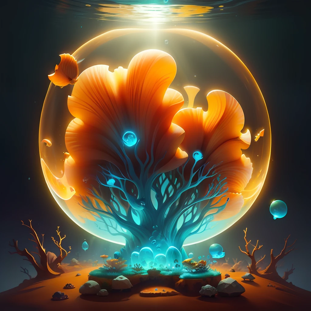 anthill shaped like a shell,  glowing bubbles floating, one fish, game design, fantasy, high quality