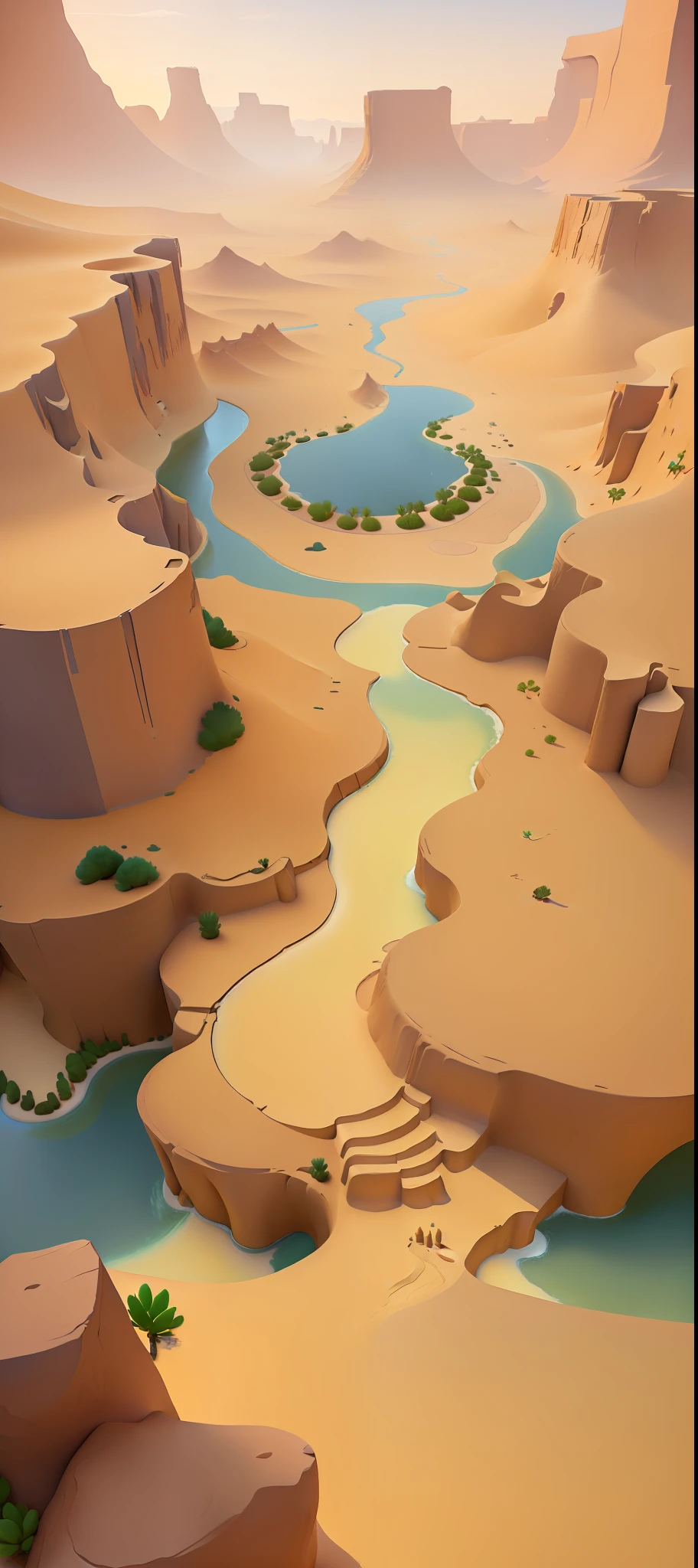 there is a painting of a desert landscape with a river, desert oasis, desert oasis background, stylized concept art, oasis in the desert, desert environment, stylized game art, sand and desert environment, standing next to desert oasis, canyon background, painted as a game concept art, 3 d render stylized, desert setting, canyon, stylized painting