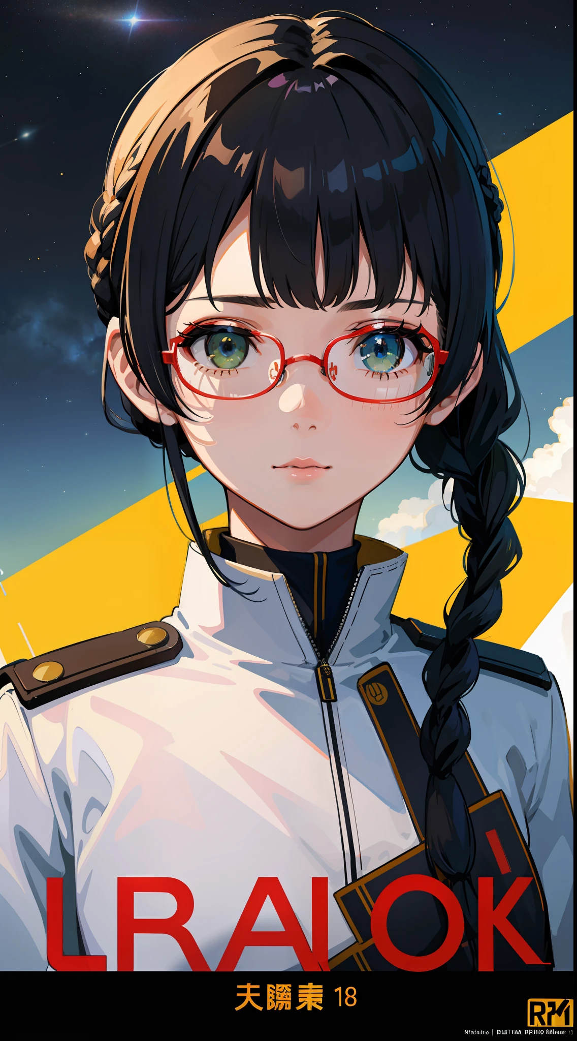 Movie Poster,((Braid Hairstyle : 1.5)),Anime Reference 86 ,Science Fiction,Sci-Fi,Movies,War Action Movies,Space,Atmosphere,Sky,Battleship,Multiple Characters,Women,Adults,Green Eyes,Black Hair,(Pia bangs hairstyle) : 1.8 ),(Red Glasses),General Uniform,White Commander Uniform,Realistic Face Details,Realism,3D Face,