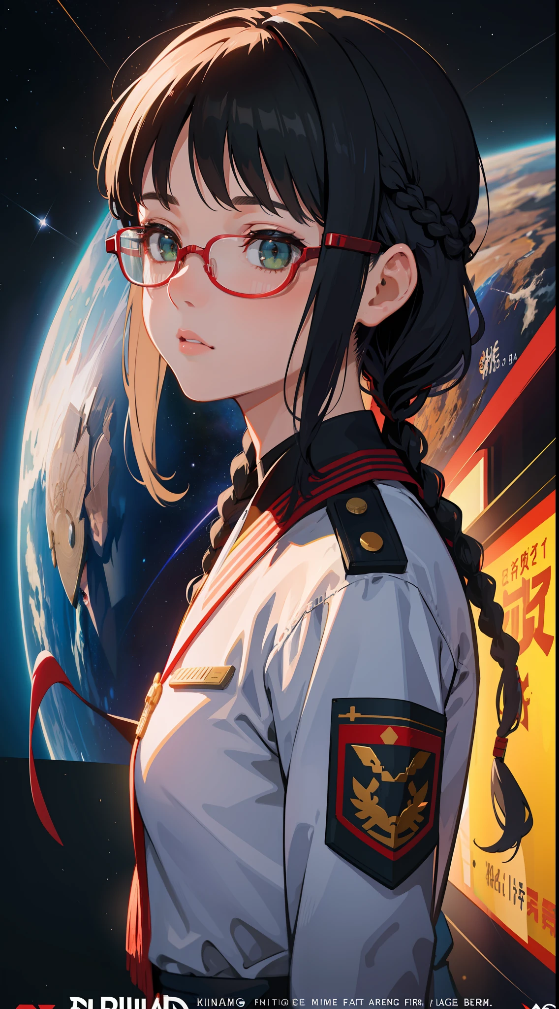 Movie Poster,((Braid Hairstyle : 1.5)),Anime Reference 86 ,Science Fiction,Sci-Fi,Movies,War Action Movies,Space,Atmosphere,Sky,Battleship,Multiple Characters,Women,Adults,Green Eyes,Black Hair,(Pia bangs hairstyle) : 1.8 ),(Red Glasses),General Uniform,White Commander Uniform,Realistic Face Details,Realism,3D Face,