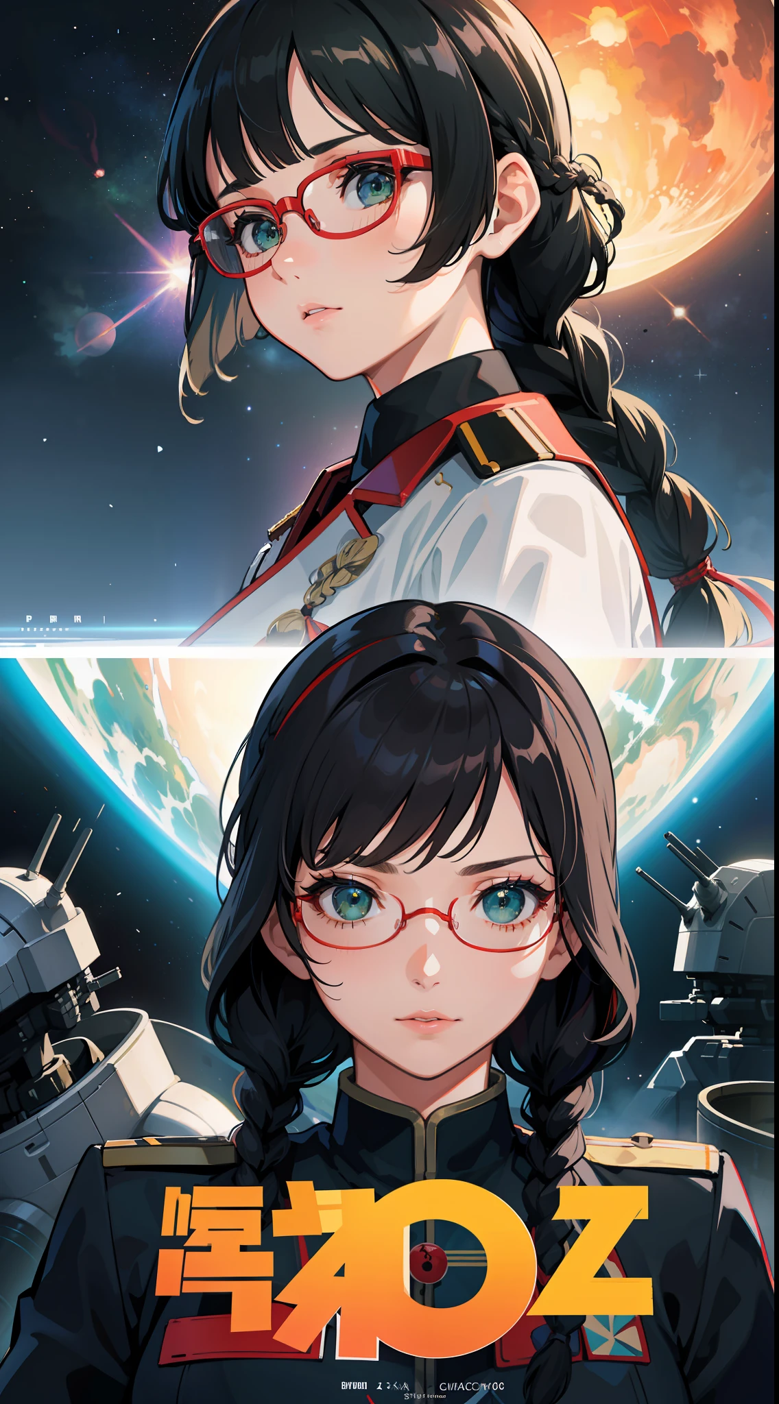 Movie Poster,((Braid Hairstyle : 1.5)),Anime Reference 86 ,Science Fiction,Sci-Fi,Movies,War Action Movies,Space,Atmosphere,Sky,Battleship,Multiple Characters,Women,Adults,Green Eyes,Black Hair,(Pia bangs hairstyle) : 1.8 ),(Red Glasses),General Uniform,White Commander Uniform,Realistic Face Details,Realism,3D Face,