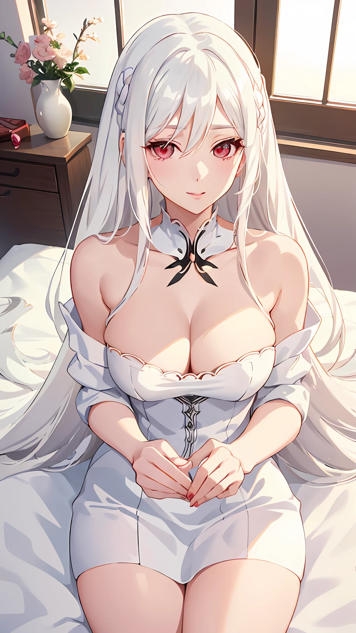 Close-up of a woman with long white hair sitting on bed, seductive anime girl, perfect white hair girl, smooth anime CG art, beautiful anime girl, Tifa Lockhart with white hair, attractive anime girl, girl with white hair, beautiful anime woman, beautiful seductive anime woman, popular on cgstation, white hair god, white hair, no clothes