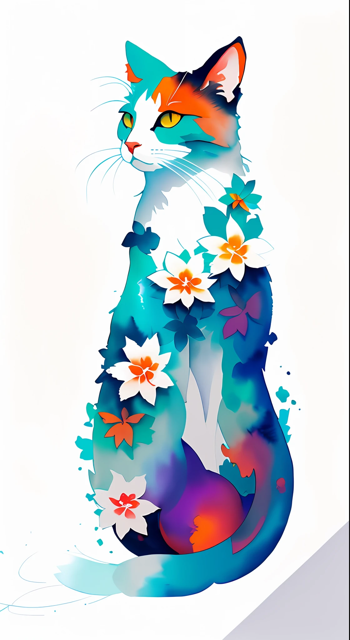 (8k, best quality, masterpiece:1.2),(best quality:1.0), (ultra highres:1.0), watercolor, a beautiful silhuette cat, splash colours, by hiroki takeda, full body portrait, extremely luminous bright design, pastel colors, (ink:1.3), autumn lights Delicate watercolor illustration, one cat silhuette, with brushes gestures simple, Abstract Art, color splash, Turquise and viridian colors, Masked edges, Warm color palette, vivid colors, (((White background))), Cozy, centered, wide shot, full body, Warm color palette, Pastel colors, White background, Cozy,