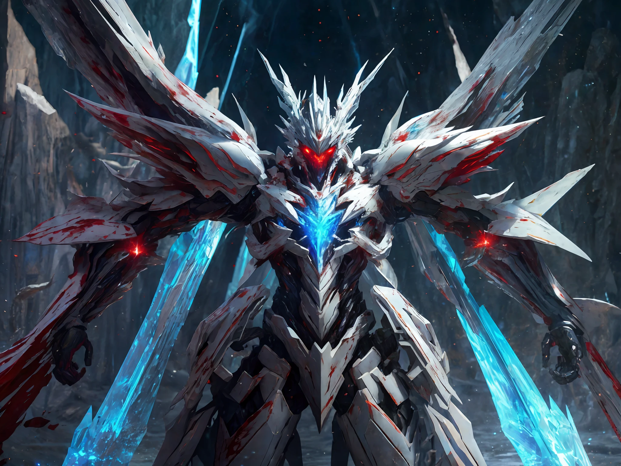 ((Masterpiece)), (Best Quality)), 8k, High Detail, Ultra Detailed, Extremely Detailed CG Unity 8k Wallpaper, 1 Mecha Boy, (Solo Exhibition: 1.2), {White Bone|Silver Smelt|Ice Crystal|Blood Demon|Phantom Dragon|Thunder} Armor, Red Eyes, Sci-Fi, War, Conflict, Movie Magnificence, (Weapons: 1), Fully Armed, (Floating {Wind|Water Magic|Ink|Crystal|Fire|Ice|Flame|Lightning|Network|Rock|Sand|Particles|Spark|Blood}:1.2)