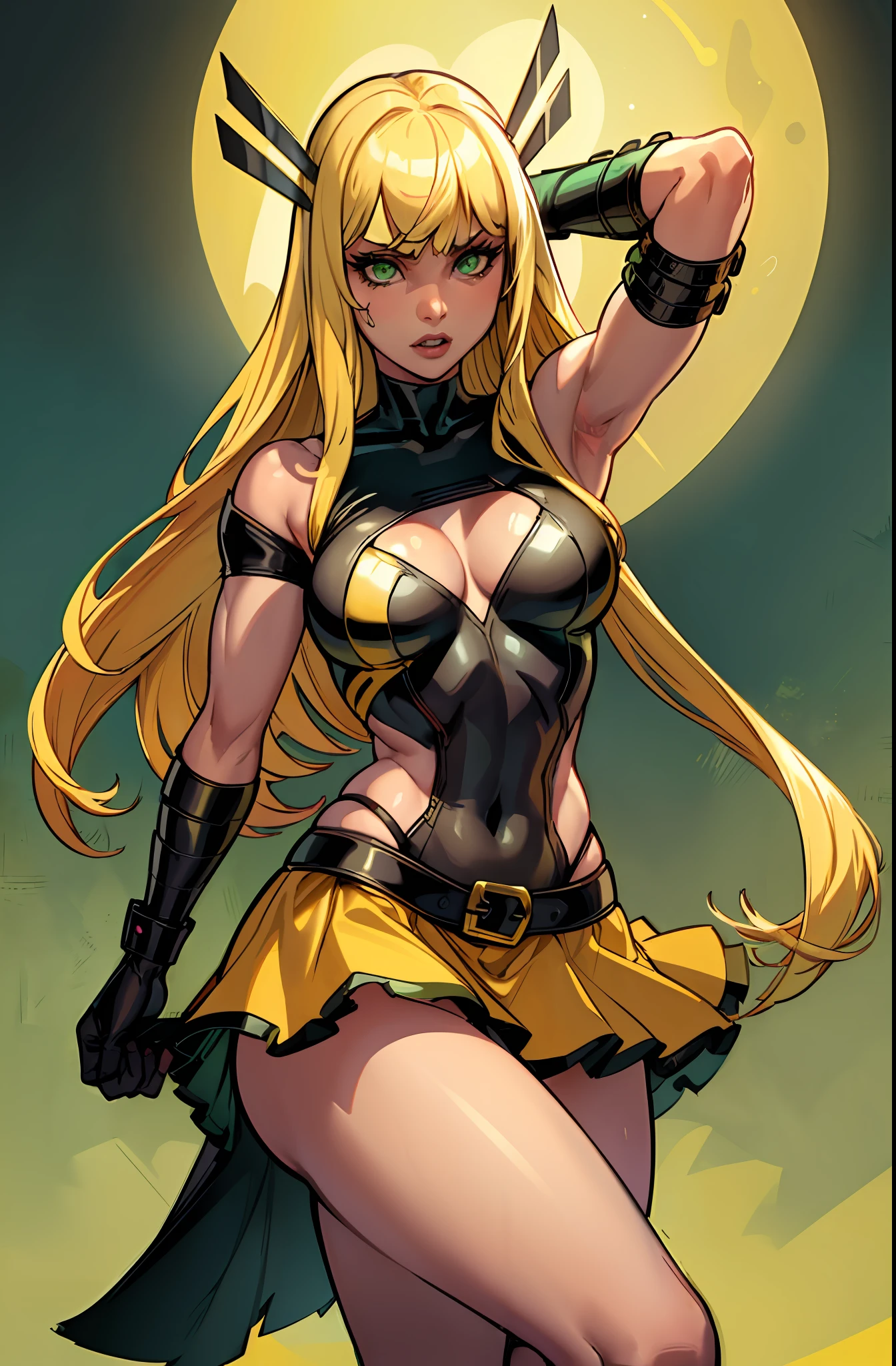 1girl (magik), absurd, close up, masterpiece, green eyes, long blonde hair with bangs, breasts, strong toned body, yellow and black costume showing shoulders, highres, (skirt), looking at the viewer, solo, medium breasts, dark background, (thighs), dancing on a strip club, at nigght, bar
