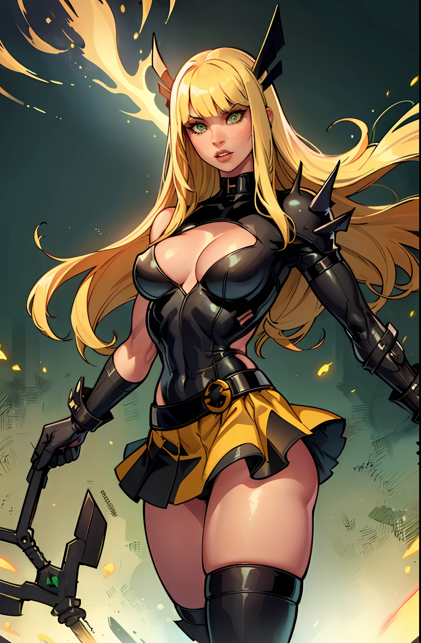 1girl (magik), absurd, close up, masterpiece, green eyes, long blonde hair with bangs, breasts, strong toned body, yellow and black costume showing shoulders, highres, (skirt), looking at the viewer, solo, medium breasts, dark background, (thighs), dancing on a strip club, at nigght, bar