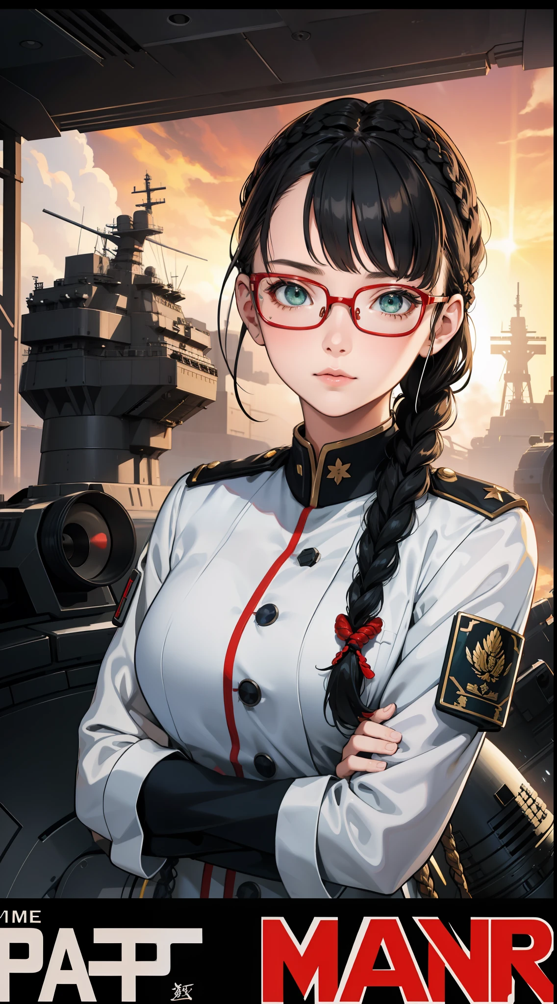 Movie Poster,((Braid Hairstyle : 1.5)),Anime Reference 86 ,Science Fiction,Sci-Fi,Movies,War Action Movies,Space,Atmosphere,Sky,Battleship,Multiple Characters,Women,Adults,Green Eyes,Black Hair,(Pia bangs hairstyle) : 1.8 ),(Red Glasses),General Uniform,White Commander Uniform,Realistic Face Details,Realism,3D Face,