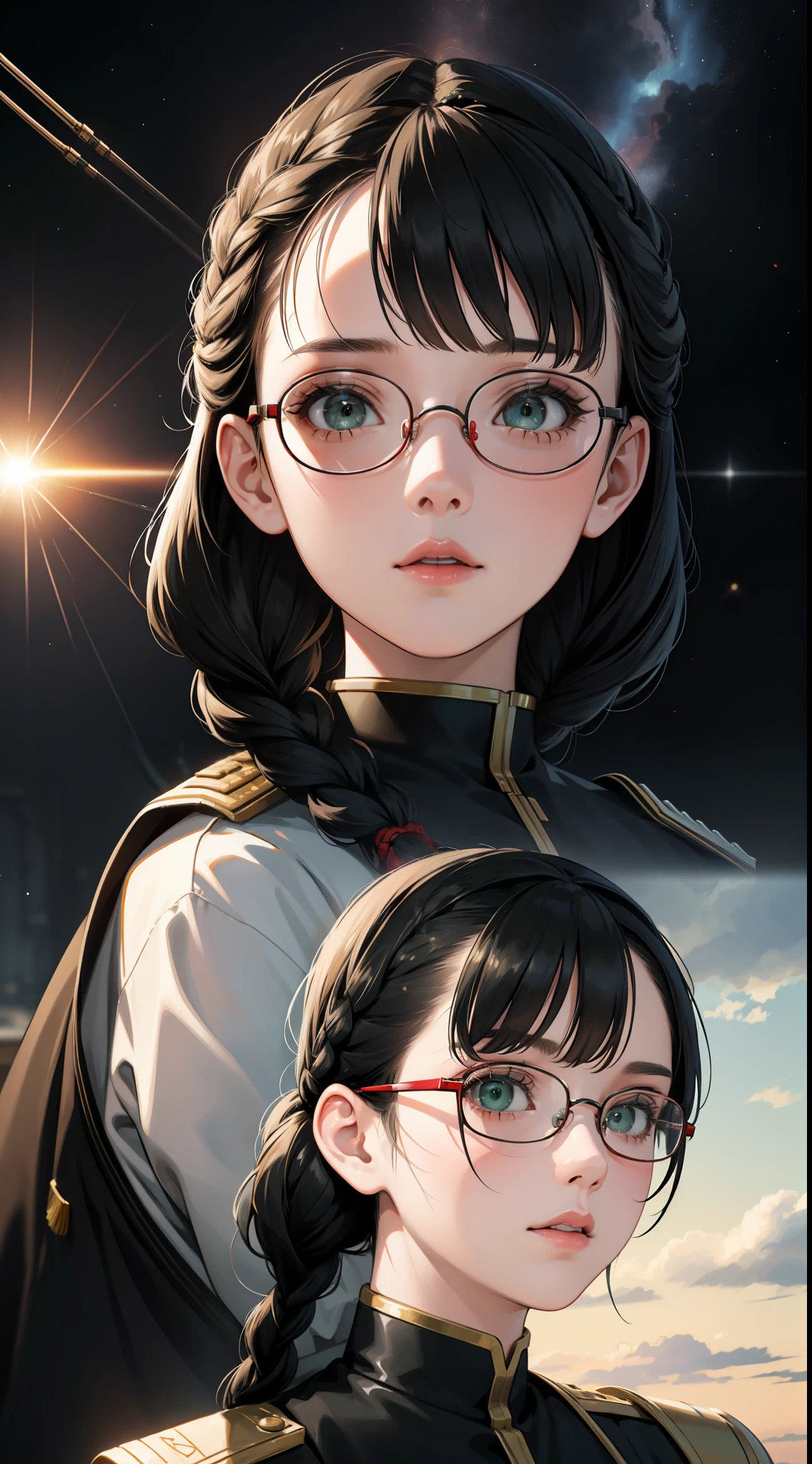 Movie Poster,((Braid Hairstyle : 1.5)),Anime Reference 86 ,Science Fiction,Sci-Fi,Movies,War Action Movies,Space,Atmosphere,Sky,Battleship,Multiple Characters,Women,Adults,Green Eyes,Black Hair,(Pia bangs hairstyle) : 1.8 ),(Red Glasses),General Uniform,White Commander Uniform,Realistic Face Details,Realism,3D Face,