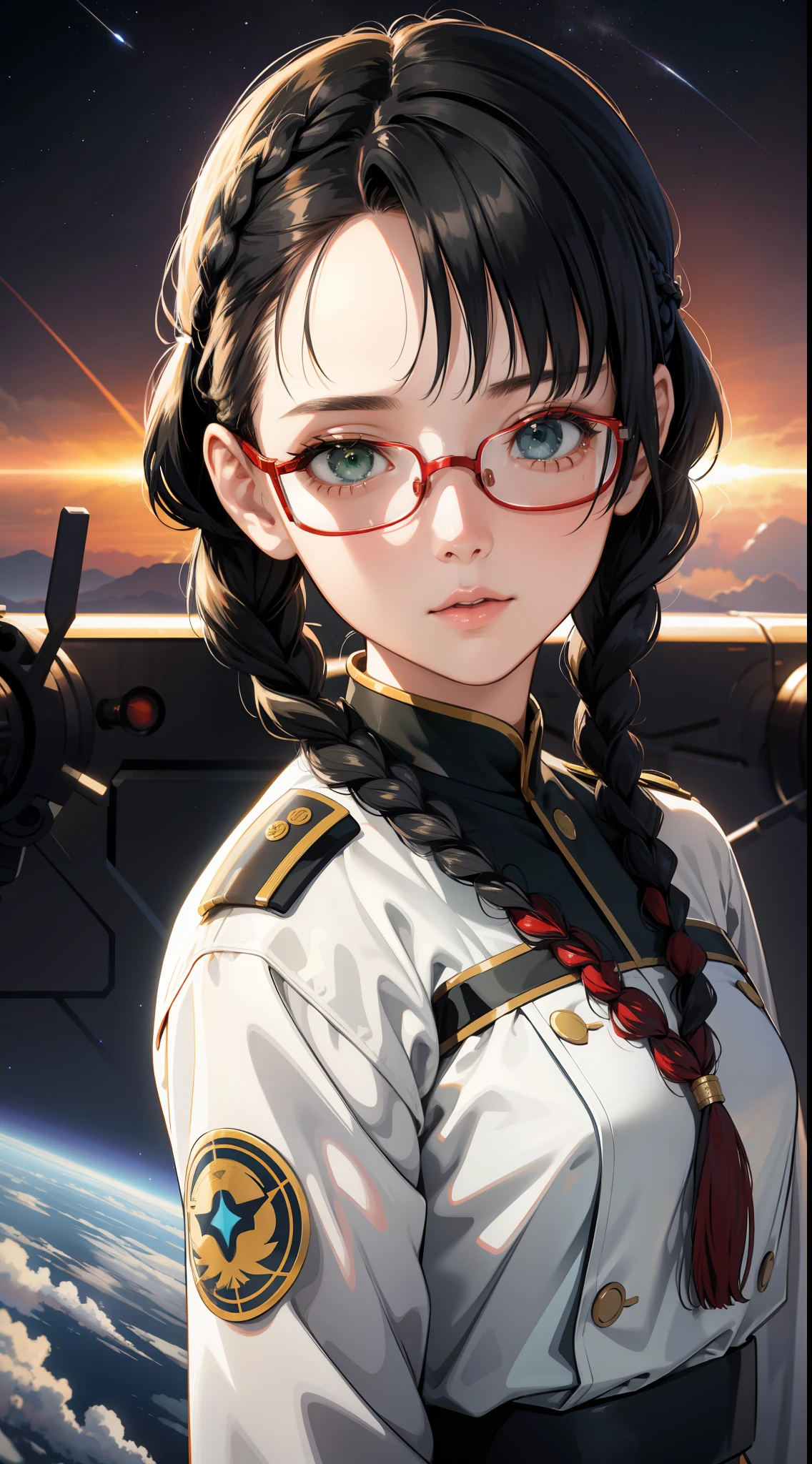Movie Poster,((Braid Hairstyle : 1.5)),Anime Reference 86 ,Science Fiction,Sci-Fi,Movies,War Action Movies,Space,Atmosphere,Sky,Battleship,Multiple Characters,Women,Adults,Green Eyes,Black Hair,(Pia bangs hairstyle) : 1.8 ),(Red Glasses),General Uniform,White Commander Uniform,Realistic Face Details,Realism,3D Face,