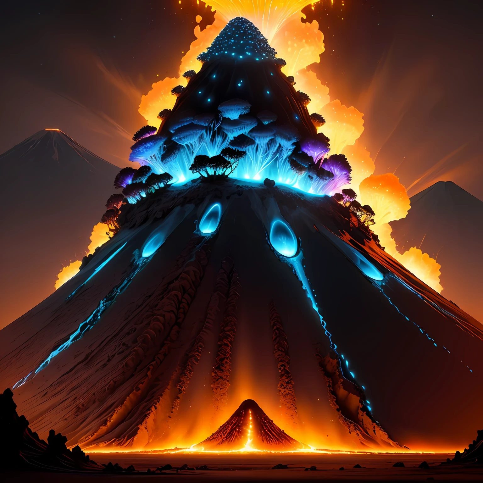 An anthill on a volcano erupting , bioluminescence