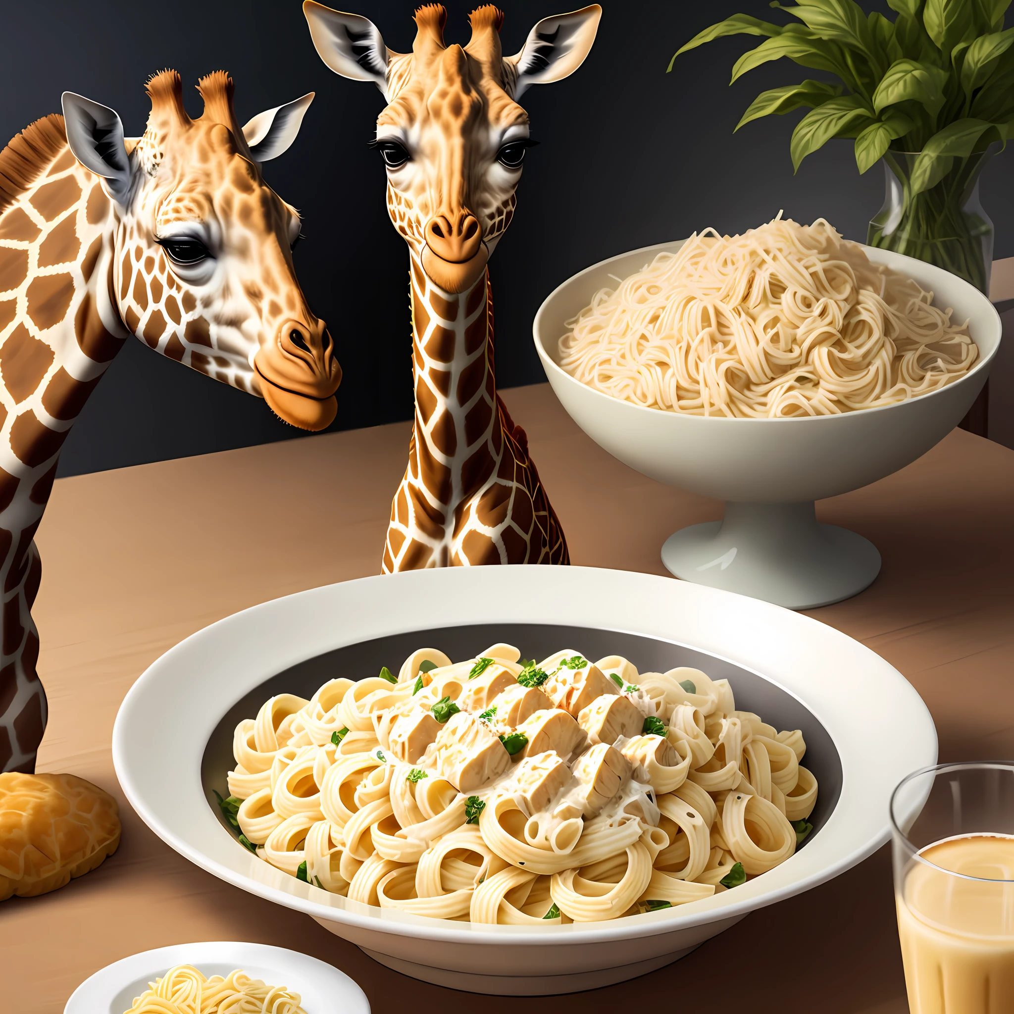 Giraffe eating Alfredo pasta, with juice