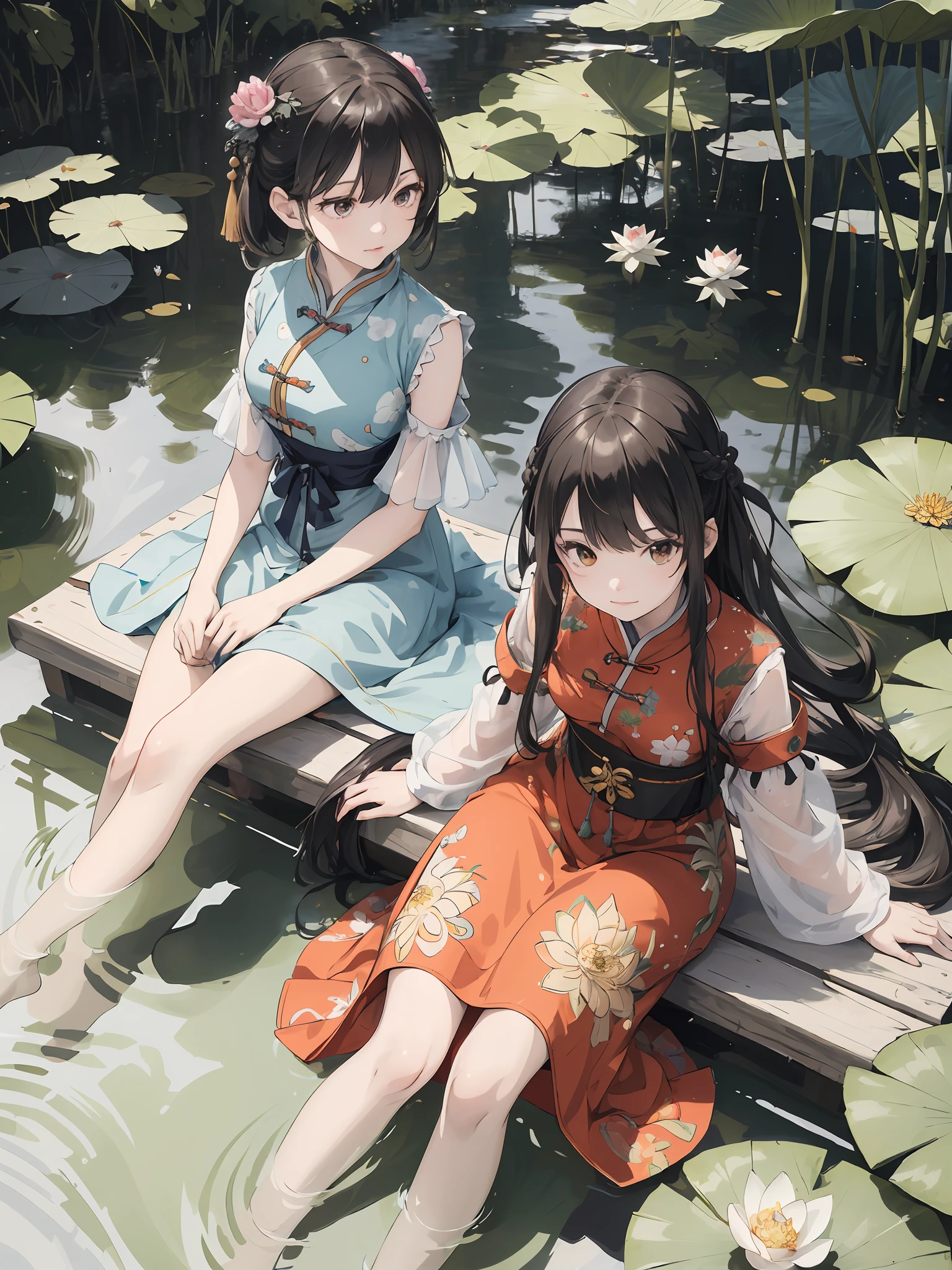 absurdres, highres, ultra detailed, (1girl:1.3), hand drawn, simple line, a 18yo girl and a yo girl in colorful Chinese dresses, beautiful girls, at the lotus pond, masterpiece, sitting in water, floating clothes, floating hair