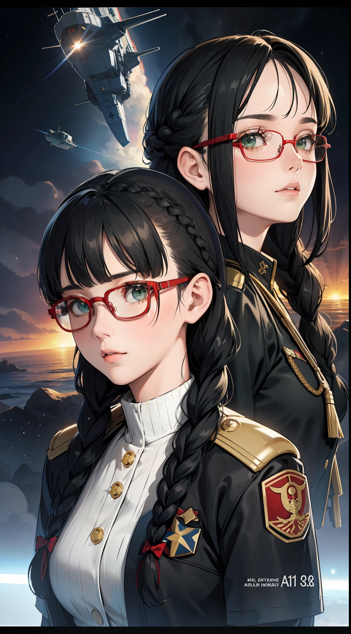 Movie Poster,((Braid Hairstyle : 1.5)),Anime Reference 86 ,Science Fiction,Sci-Fi,Movies,War Action Movies,Space,Atmosphere,Sky,Battleship,Multiple Characters,Women,Adults,Green Eyes,Black Hair,(Pia bangs hairstyle) : 1.8 ),(Red Glasses),General Uniform,White Commander Uniform,Realistic Face Details,Realism,3D Face,