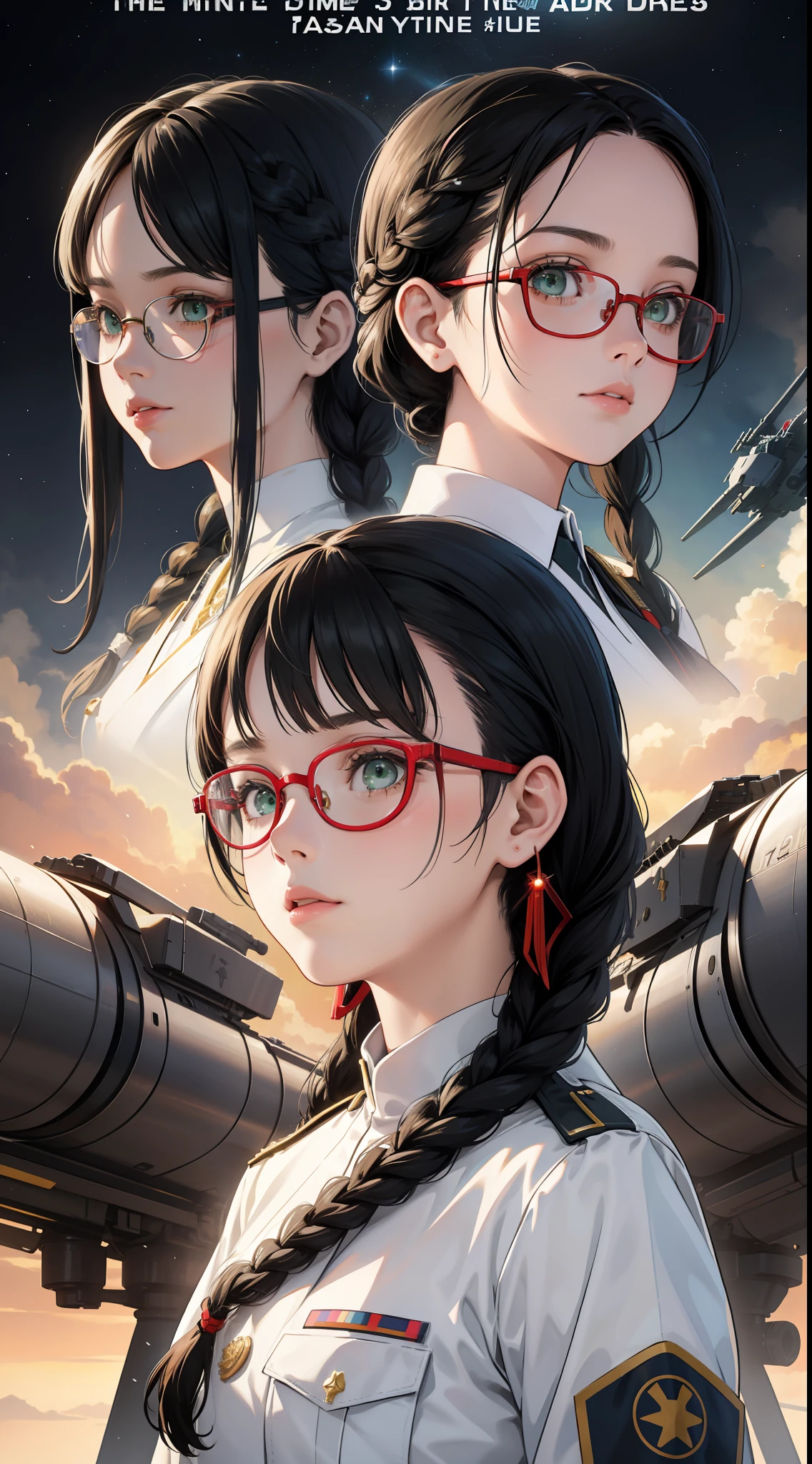 Movie Poster,((Braid Hairstyle : 1.5)),Anime Reference 86 ,Science Fiction,Sci-Fi,Movies,War Action Movies,Space,Atmosphere,Sky,Battleship,Multiple Characters,Women,Adults,Green Eyes,Black Hair,(Pia bangs hairstyle) : 1.8 ),(Red Glasses),General Uniform,White Commander Uniform,Realistic Face Details,Realism,3D Face,