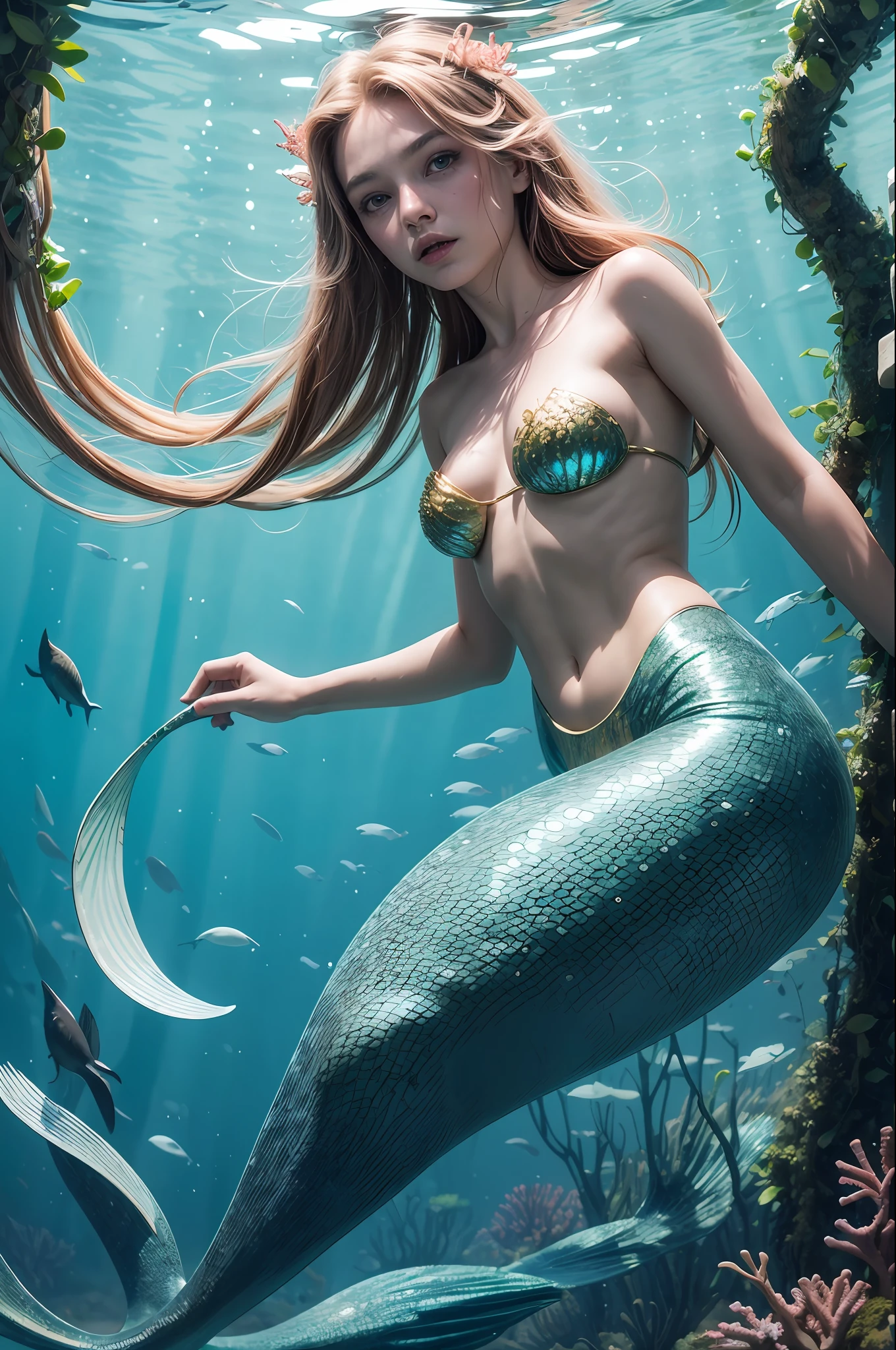 (masterpiece), best quality, ultra high res, 1girl, underwater,Beneath the sea, where tendrils of coral fish and vines abound, a (mermaid) girl stares at you, Her eyes gleam with an eerie light