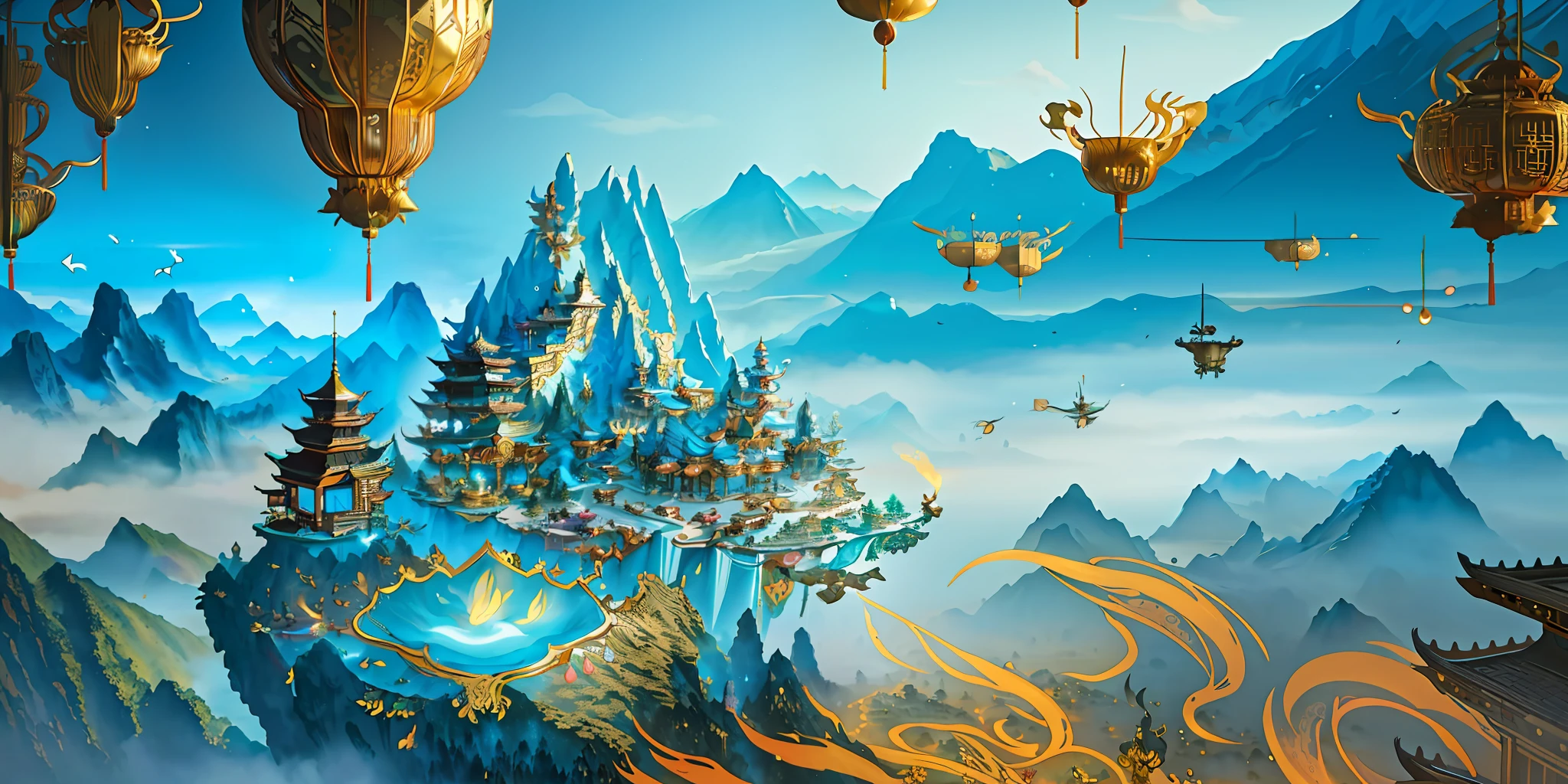 an image of an asian landscape with mountains and birds in the air, in the style of fantastical otherworldly visions, light cyan and gold, intricately mapped worlds, hyperrealistic illustrations, romanticized cityscapes, detailed character illustrations, organic shapes and curved lines, --v6