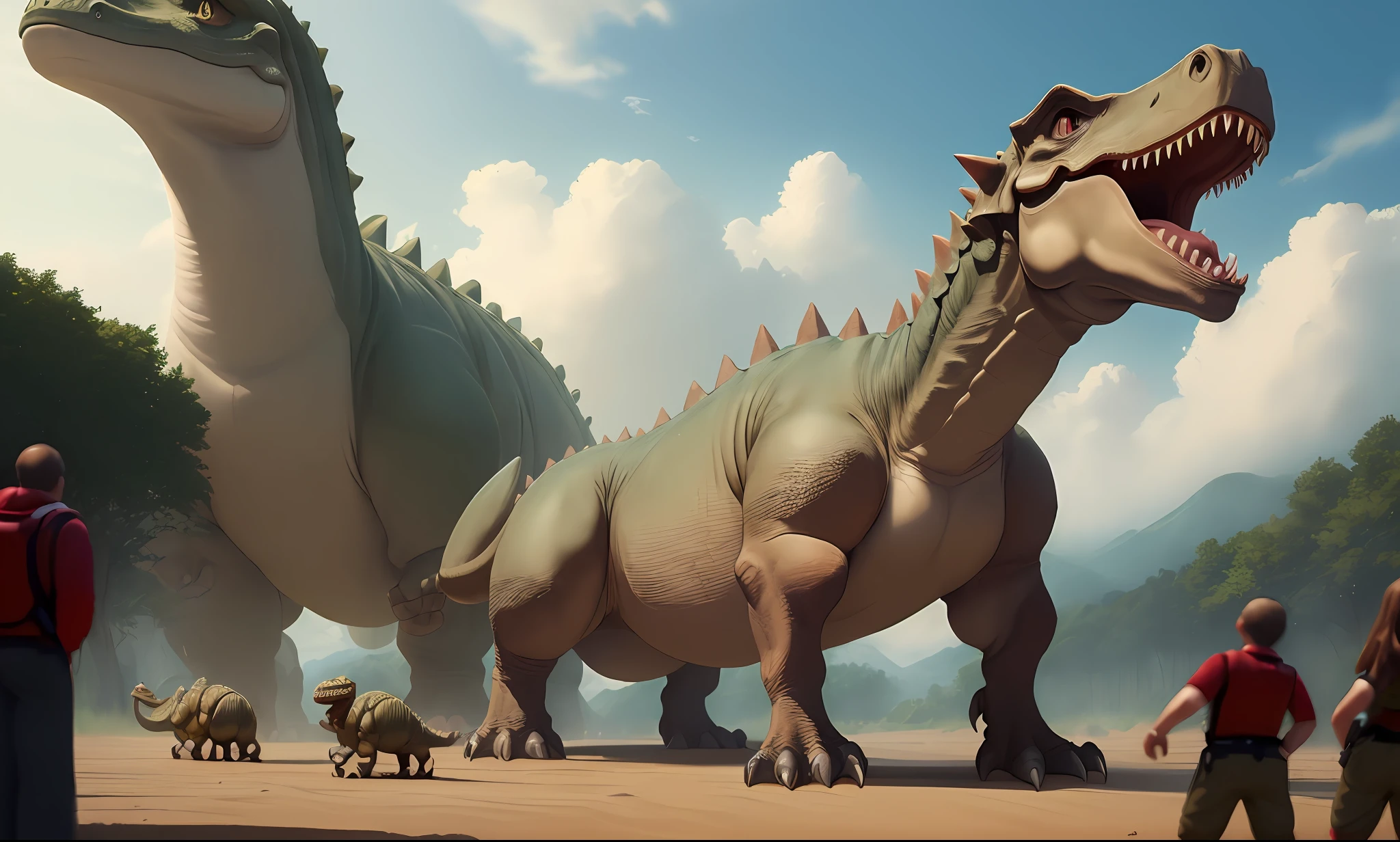 (((best quality)))), (((ultra-detailed))), (((masterpiece))), huge dinosaurs, tiny humans,