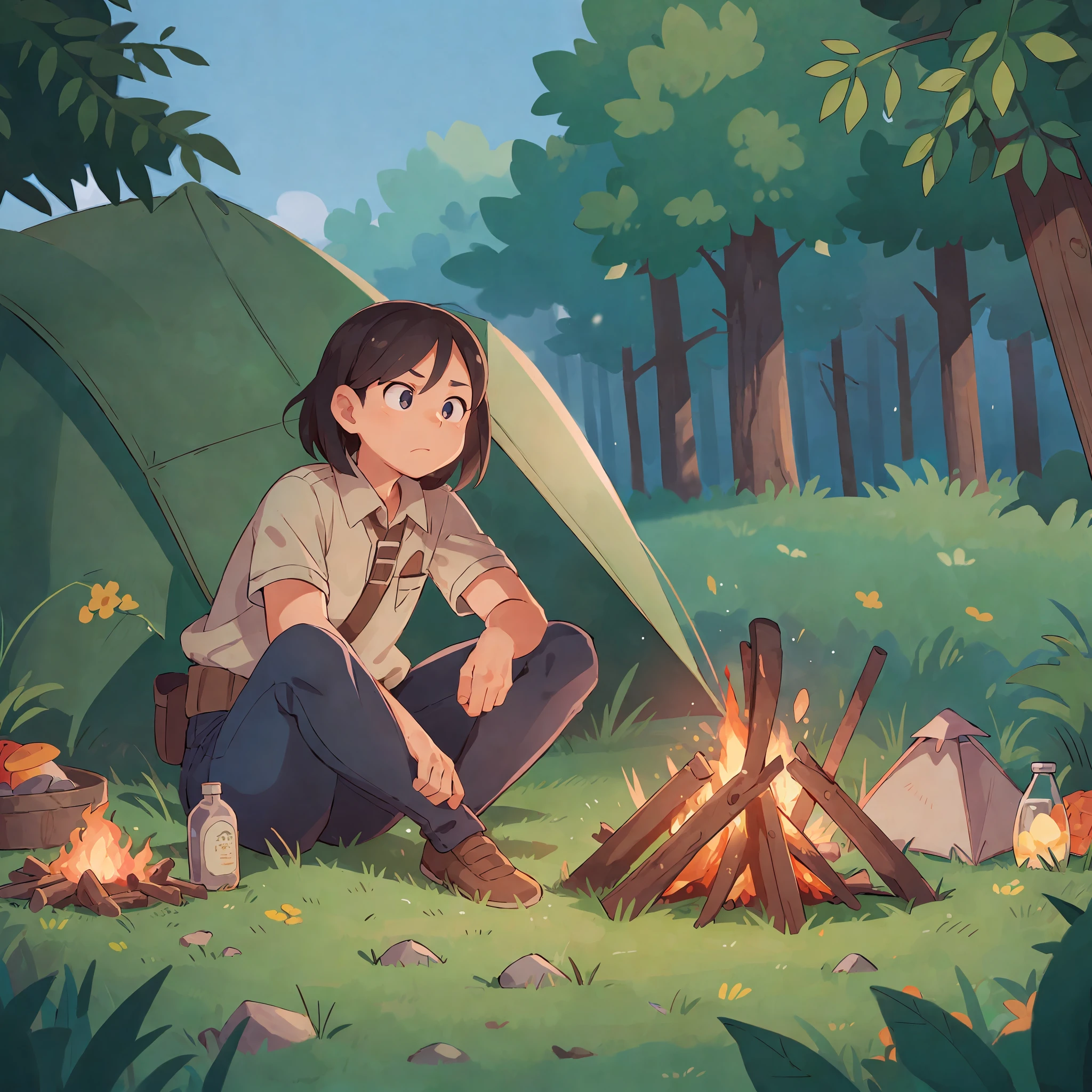 (sfw), A man sitting in front of a campfire with a tent in the background, perfect quality, sharp focus, colorful, perfect anatomy, perfect face, girl, intricate detail --v 6