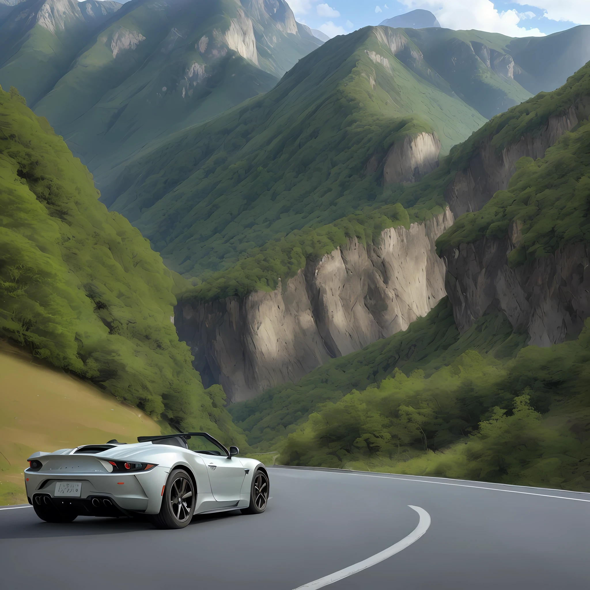 A serene scene captures the heart-pounding moment of a sleek sports car leisurely cruising along a tranquil mountain road. The car, a glossy black machine, gracefully maneuvers through the winding curves of the road as it meanders along the rugged mountainside. The surrounding landscape showcases a majestic mountain range, with peaks reaching towards the sky and a lush valley stretching out below. The road itself is meticulously carved into the mountainside, revealing breathtaking vistas of sheer cliffs on one side and dense forests on the other. Soft rays of sunlight gently illuminate the car's sleek exterior, creating a subtle glow. The atmosphere exudes a sense of calm and tranquility, as if time stands still in this idyllic mountain road journey. It's a peaceful moment frozen in time, offering the viewer a chance to appreciate the beauty of nature and the joy of a leisurely drive through the mountains.