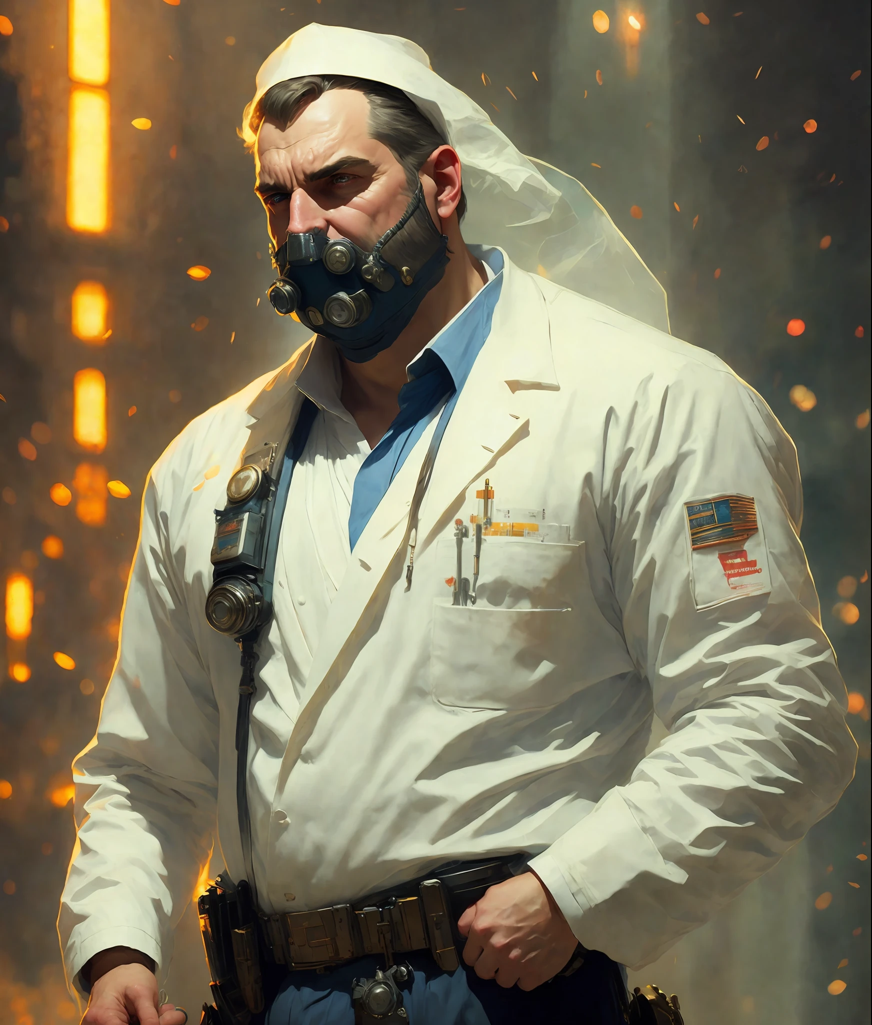 Wide profile Angle of (((a))) character ((man))in (((front view))) wearing a lab coat and hazmat mask, digital painting by Jeremy Lipking, by Antonio J. Manzanedo, Alphonse Mucha, Fuller Graves, Bartolome Esteban Murillo, JC Leyendecker, Craig Mullins, Peter Paul Rubens detailed painting, CGSetivity, ArtStation HD, high detail, Photorealism, Concept Art, ArtStation HD, official art, trend in artstation.