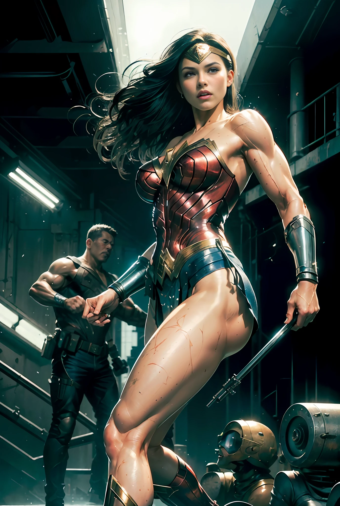 (Masterpiece, Top Quality),1girl ,{{Depth of field}}, Hyper detail, 1woman, (Victoria's Secret Model Wonder Woman), Single, Full Body, (Intricate Details, Makeup), (Delicate and beautiful delicate face, delicate and beautiful delicate eyes, face with perfect proportions), High-detail skin, delicate skin, Best proportions Four fingers and one thumb, strong and realistic blue eyes, realistic black hair, lips, makeup, natural skin texture, tiara, leotard, bulletproof cuffs, red boots, (public clothing:1.3), slightly sunburned, mature, sexy, elastic muscles, (muscles:1.3), ((strong and healthy body)), (((((more) muscles))), wet body, wet hair, long legs, curved, thick thighs, wide buttocks, thin legs, (big breasts: 1.2), thin waist, soft waist, (delicate skin), (wet body: 1.0), (beautiful and sexy woman), (swollen lips: 0.9), (eyelashes: 1.2), very delicate muscle definition, LED panel lights arranged in a square shape to mimic existing indoor fixtures, Urban slums controlled by mafiosi, armed with hacked police weapons such as machine guns and taser shotguns, ((top quality)), ((masterpiece)), ((realistic)), (detailed), cinematic lighting, complex, high detail, sharp focus,