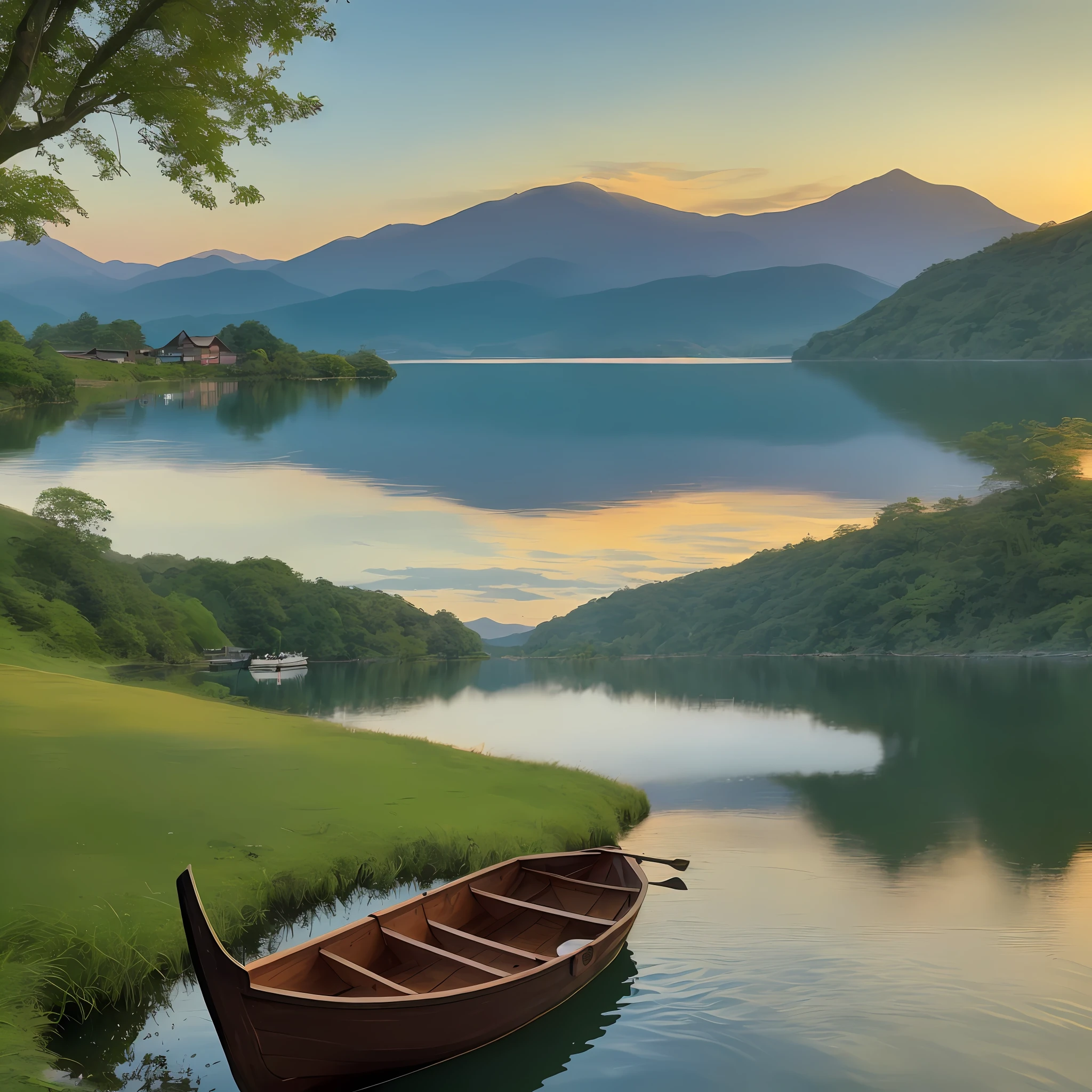 Description: The sun sets over a serene lake surrounded by lush green mountains. The water reflects the golden hues of the sky, creating a breathtaking view. In the foreground, there's a small wooden dock jutting out into the water, with a rowboat tied to it. The boat sways gently in the evening breeze, adding to the overall tranquility of the scene. The air is filled with a sense of calmness and peace as nature paints its vibrant colors across the horizon.
Feel free to let your imagination run wild and create a story, poem, or any other form of creative expression inspired by this photo!