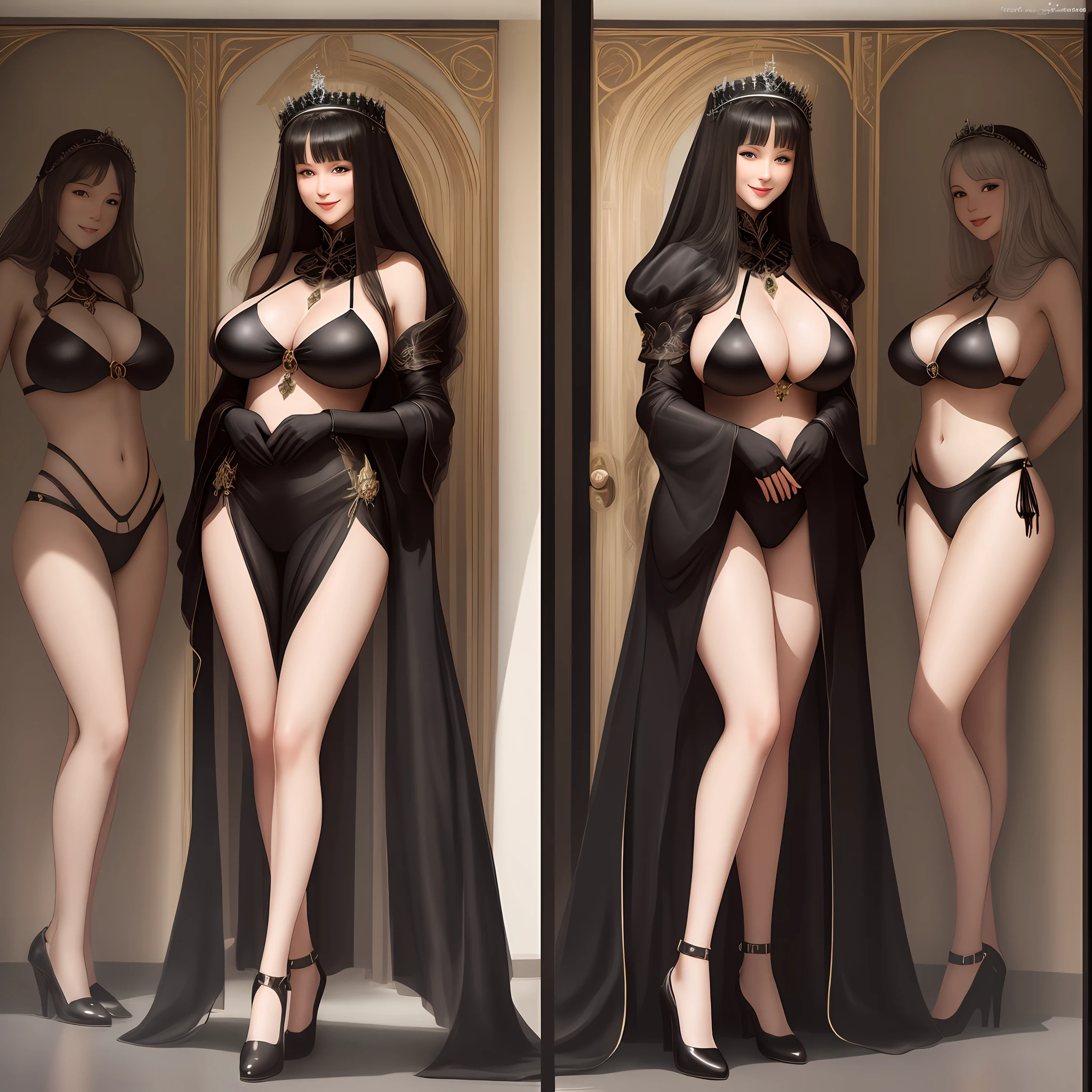 Royal sister, black silk, long legs, bikini, full body, smile, big breasts,