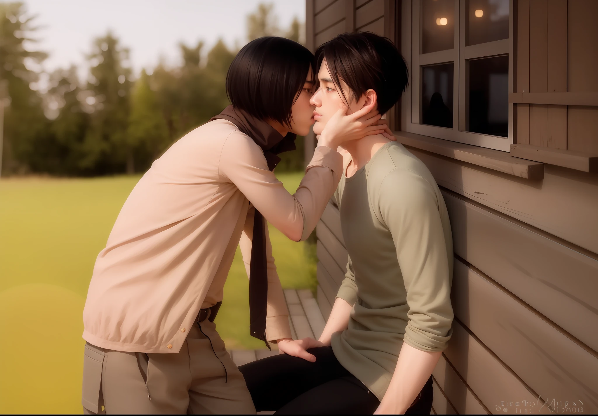 best quality, masterpiece, (realistic: 1.2), 1 man, Eren Jaeger, real life, live action, black jeans, brown hair, loose hair, long hair, attack on Titan, cold background, black jacket, slim body, high definition, high quality, sunset background