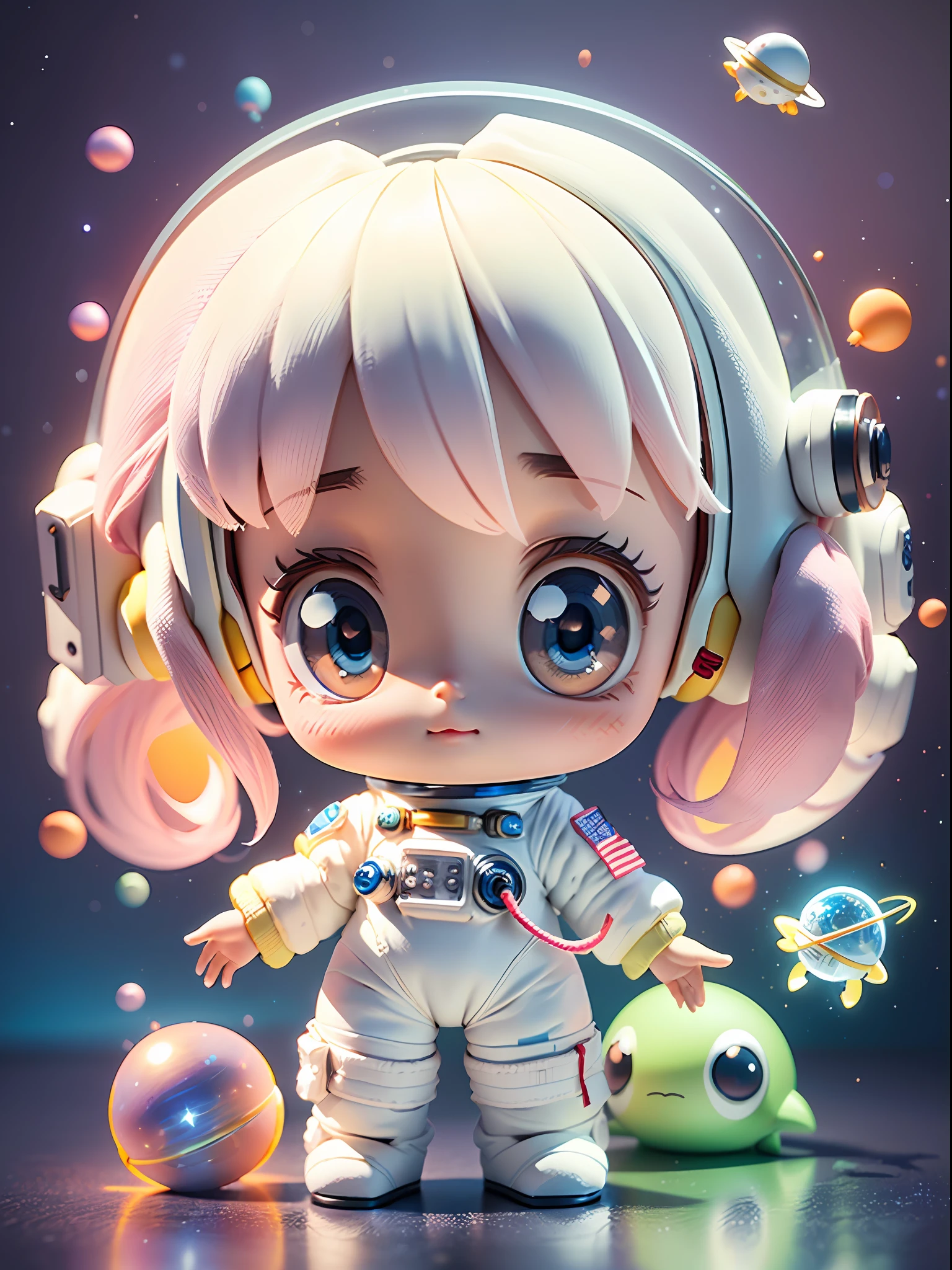 Super cute girl full body 3D picture, 1pc, good looking eyes, big eyes, cute, happy, c4d, pop matt blind box, white long hair, glowing bubbles, toys, solid color background, chibi, fluorescent translucency, luminous body, kawaii, doll, (((astronaut, spacesuit))), reference table, pop mart blind box, Pixar, complex details, 3d rendering, blender, OC renderer, fol body reference sheet, Dribble, High Details, 8K, Studio Lighting, Loli, Petite, Child, Chibi, SD characters: 1.1, Magic Space Warehouse background