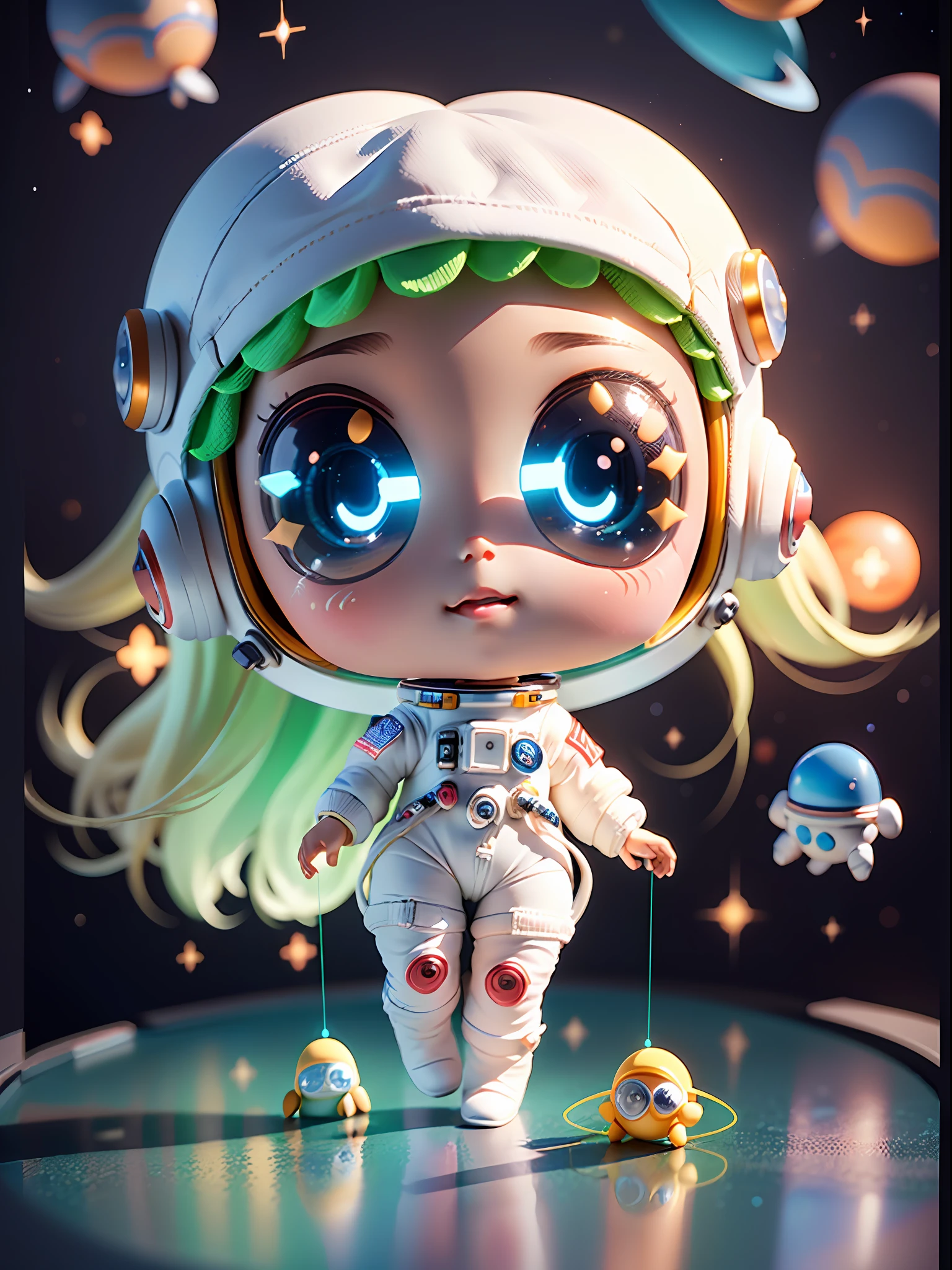 Super cute girl full body 3D picture, 1pc, good looking eyes, big eyes, cute, happy, c4d, pop matt blind box, white long hair, glowing bubbles, toys, solid color background, chibi, fluorescent translucency, luminous body, kawaii, doll, (((astronaut, spacesuit))), reference table, pop mart blind box, Pixar, complex details, 3d rendering, blender, OC renderer, fol body reference sheet, Dribble, High Details, 8K, Studio Lighting, , Petite, Child, Chibi, SD characters: 1.1, Magic Space Warehouse background
