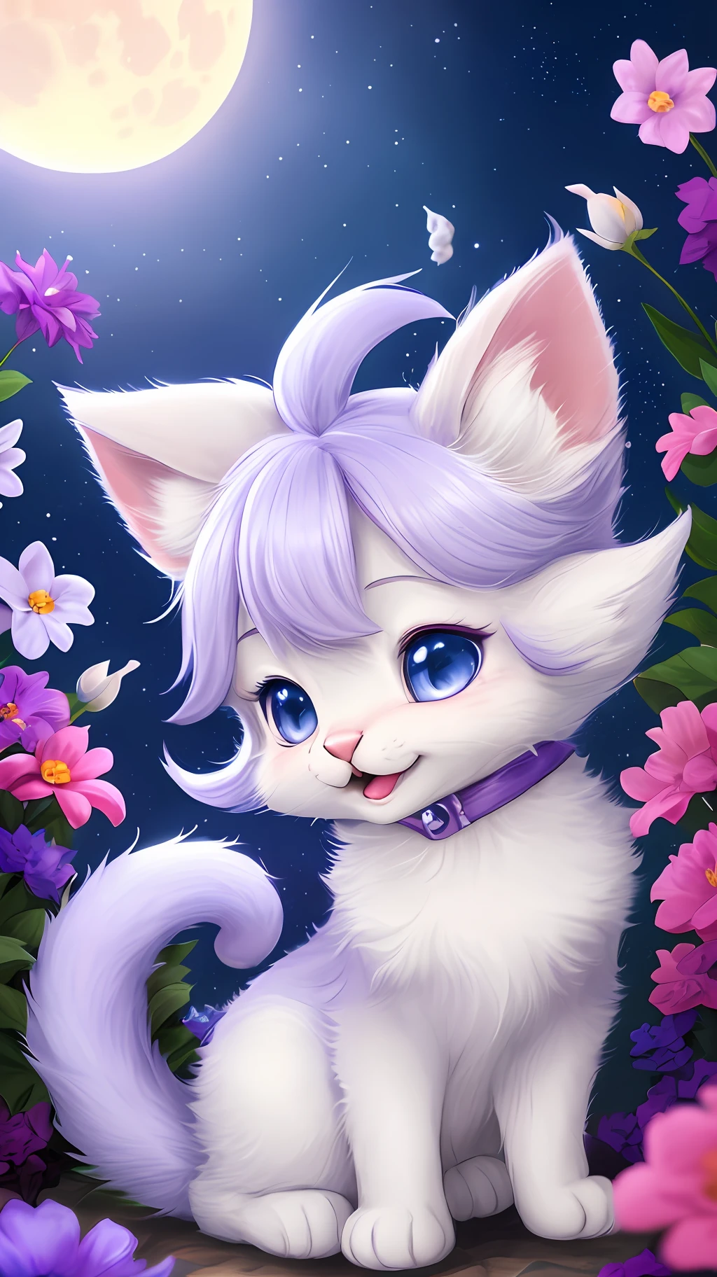 A kitten with a small tail, a small nose, small ears, blue eyes, purple background, flowers, vases, dreams, open mouth, smile, Caroline Chariot-Dayez pastels, tumblr, furry art, elokitty, Disney's Bambi, Disney's styled furry, ears floating, fluffy tail, fluffy '', fluffy !!!, high resolution, furry art!!! The moon, small in size
