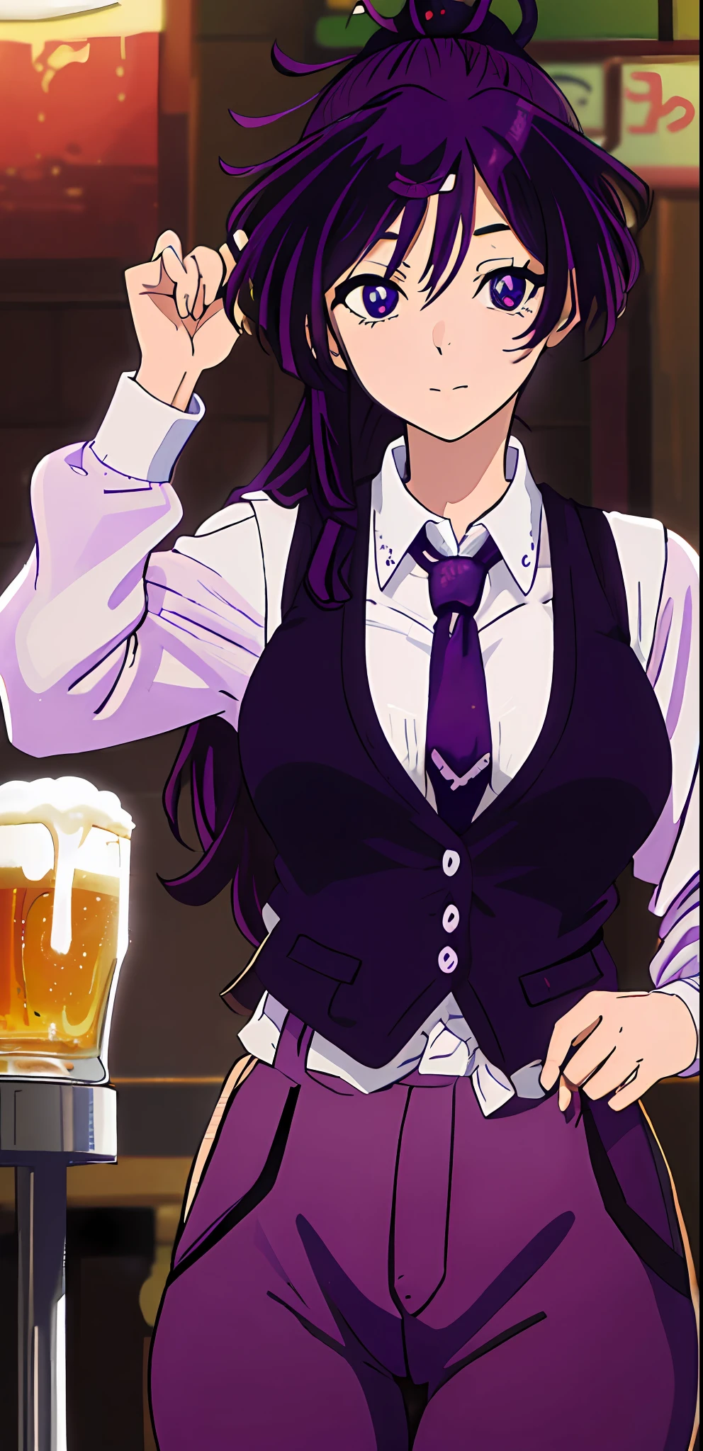 1girl, solo, (((solo))), tied up purple hair, plump youthful face, white button-down, long sleeves, purple tie, purple vest, purple zipper pants, thighs, medium breasts, holding a beer glass, blue eyes, confident expression, anime style, in a pub.