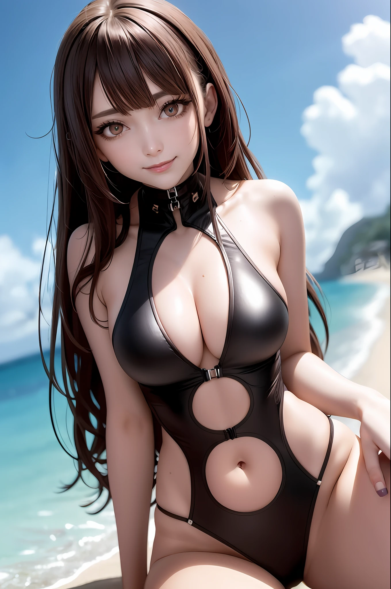 detailed eyes, mascara, best quality, masterpiece, 1girl, chestnut hair, intricate swimsuit, cyberpunk, waist up, detailed face, beautiful eyes, smiling, beach, vibrant, sharp focus,