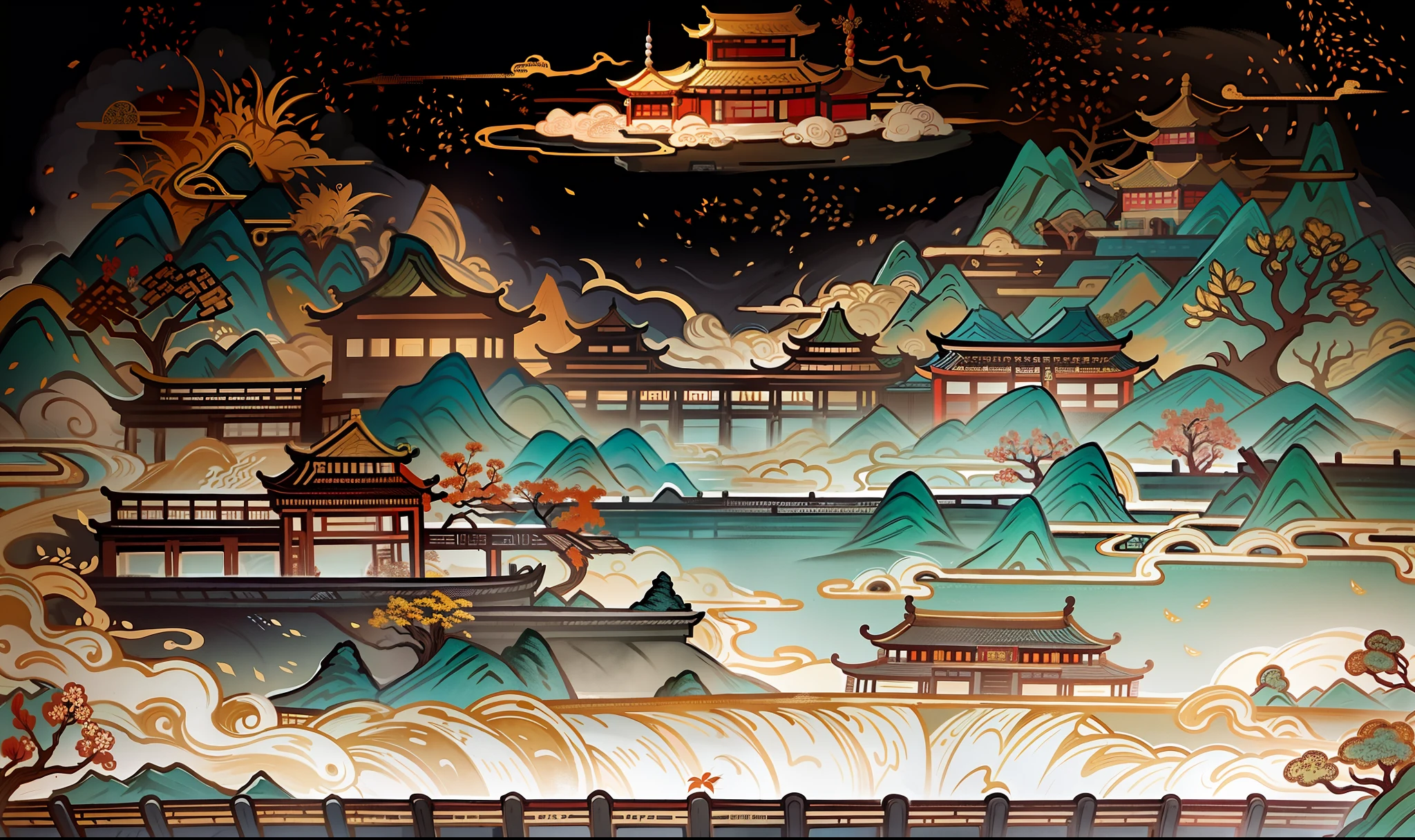 An ancient Chinese painting, ancient Chinese background, mountains, rivers, auspicious clouds, pavilions, sunshine, masterpieces, super detail, epic composition, ultra HD, high quality, extremely detailed, official art, unified 8k wallpaper, Super detail, 32k -- v 6