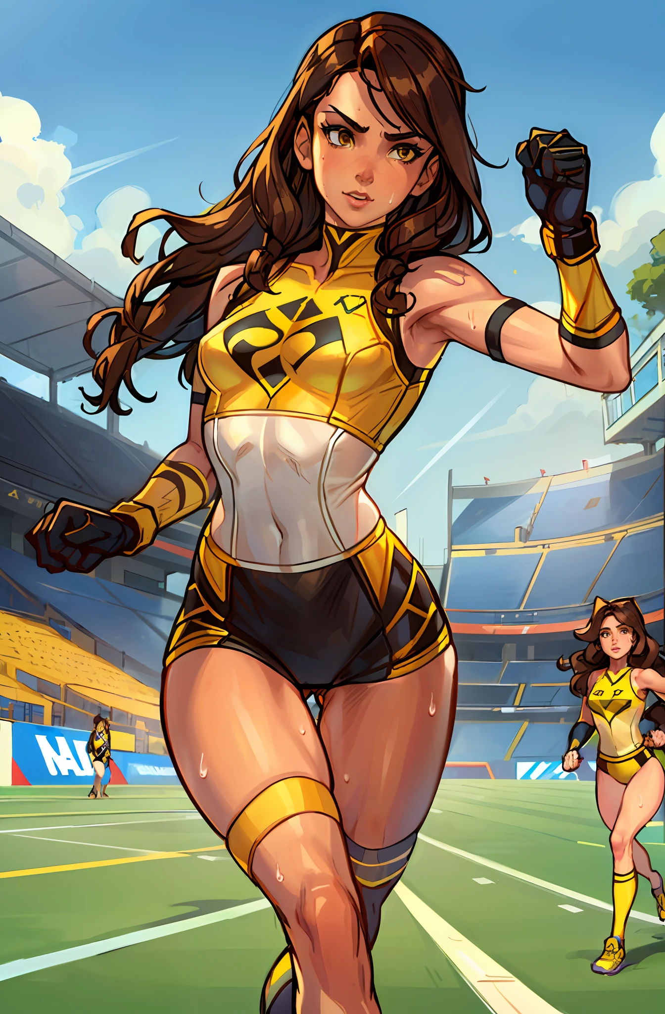 1girl (Kitty Pryde), Close Up, Masterpiece, Brown eyes, long brown hair, White skin, Small breasts, yellow and black sports clothes showing shoulders, Highres, looking at the spectator, solo, running on an athletics field, sweat, detailed athletics track, sunny day, comic book style