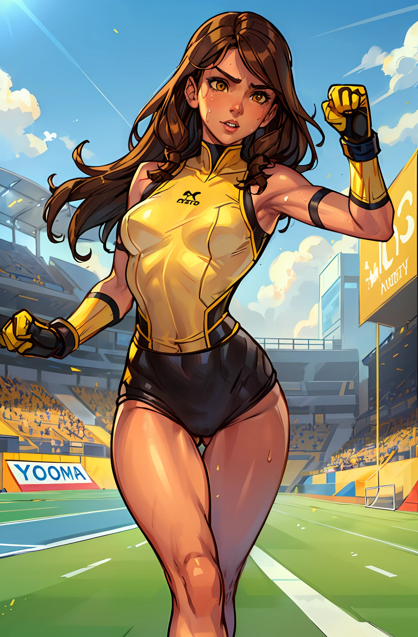 1girl (Kitty Pryde), Close Up, Masterpiece, Brown eyes, long brown hair, White skin, Small breasts, yellow and black sports clothes showing shoulders, Highres, looking at the spectator, solo, running on an athletics field, sweat, detailed athletics track, sunny day, comic book style