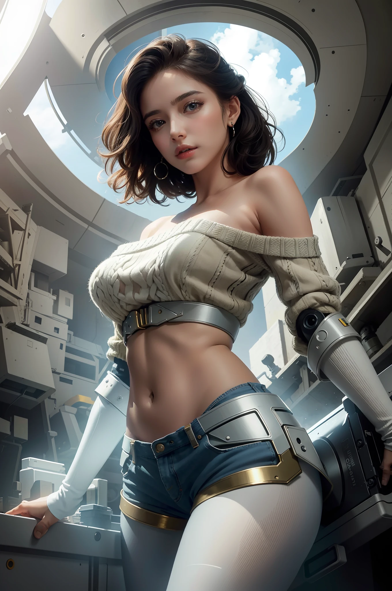 (nude), big boobs,(masterpiece), best quality, extremely detailed, (watercolor), bloom, delicate and beautiful, illustration, (from below),(1girl:1.4), (solo:1.2), large breasts, (ribbed sweater:1.3), off-shoulder sweater, (short shorts:1.2), bare shoulders, (underboob:1.2), ((dark skin:0.8)), beautiful eyes, (disheveled hair ), photography, over-the-shoulder shot, by Alex Maleev, professional, canon camera, nikon camera, sharp, bokeh, studio quality, fisheye lens, by Robert Capa ,araffe with a huge body and a huge body in a cosplay, girl in mecha cyber armor, ferra white mecha, female mecha, mechanized valkyrie girl, beutiful white girl cyborg, armor girl, clothed in sci-fi military armor, scifi woman, in white futuristic armor, gorgeous female paladin, mechanized soldier girl