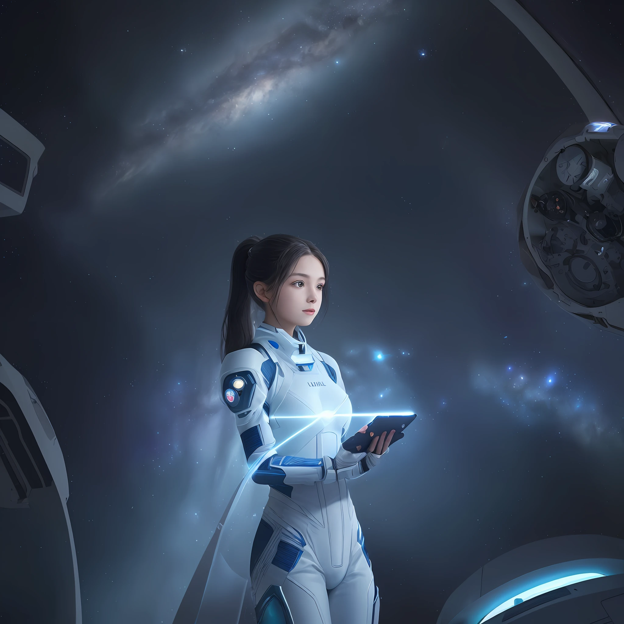 Description: A spacious and futuristic spaceship interior serves as the backdrop for this scene. The walls are adorned with sleek metallic panels, softly illuminated by strips of blue LED lights. Large viewports line one side of the room, offering breathtaking views of the cosmos beyond. The stars twinkle against the backdrop of the dark expanse, hinting at the vastness of space.
In the center of the room stands a beautiful young woman, dressed in a form-fitting spacesuit. Her suit is predominantly white, with patches of silver and blue accentuating its design. The fabric hugs her figure comfortably, reflecting the advanced technology and functionality of her attire.
Her face is filled with a mix of wonder and awe as she gazes out into the cosmic tapestry before her. Her eyes widen as she takes in the distant galaxies, colorful nebulae, and shimmering stardust that dot the universe. Her expression radiates a sense of curiosity and appreciation for the vastness and beauty of space.
The girl's dark, flowing hair is pulled back in a loose ponytail, allowing a few strands to gently frame her face. Her complexion is flawless, with a touch of stardust-like shimmer on her cheeks, subtly hinting at the cosmic journey she's embarked upon.
The room is equipped with advanced technology, featuring holographic displays and controls that float in the air, responsive to the touch or gestures of the crew members. The gentle hum of the spaceship's engines can be heard in the background, providing a soothing ambiance to the scene.
In her hand, the girl holds a small device resembling a handheld tablet. It displays scientific data and astronomical charts, demonstrating her commitment to exploration and discovery. She's not merely an observer of the universe; she's an active participant, stud